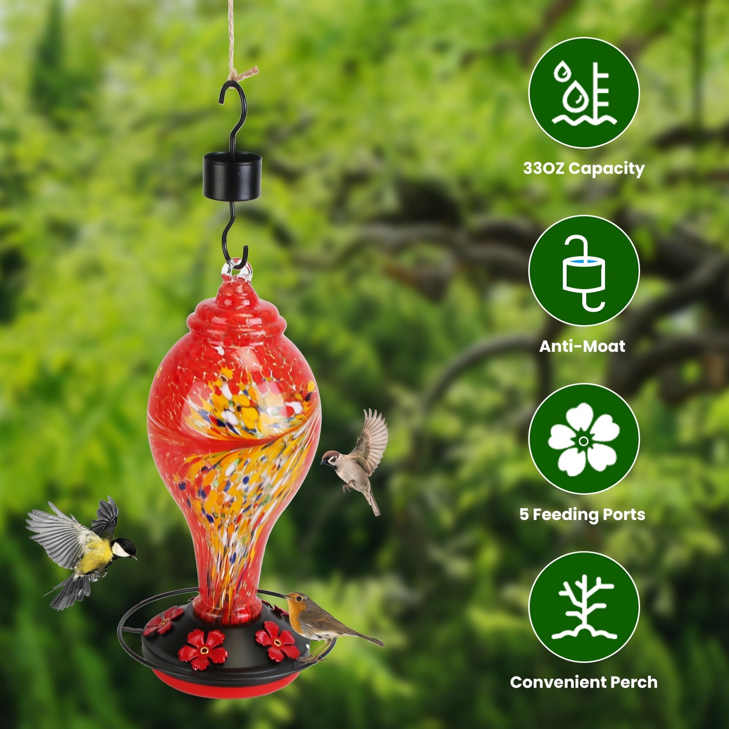 Glass Hummingbird Feeder 33OZ Hand Blown Hummingbird Feeder with 5 Flower Feeding Port Perch Ant Moat Hanging Hook S Hook Hemp Rope Cleaning Brush for