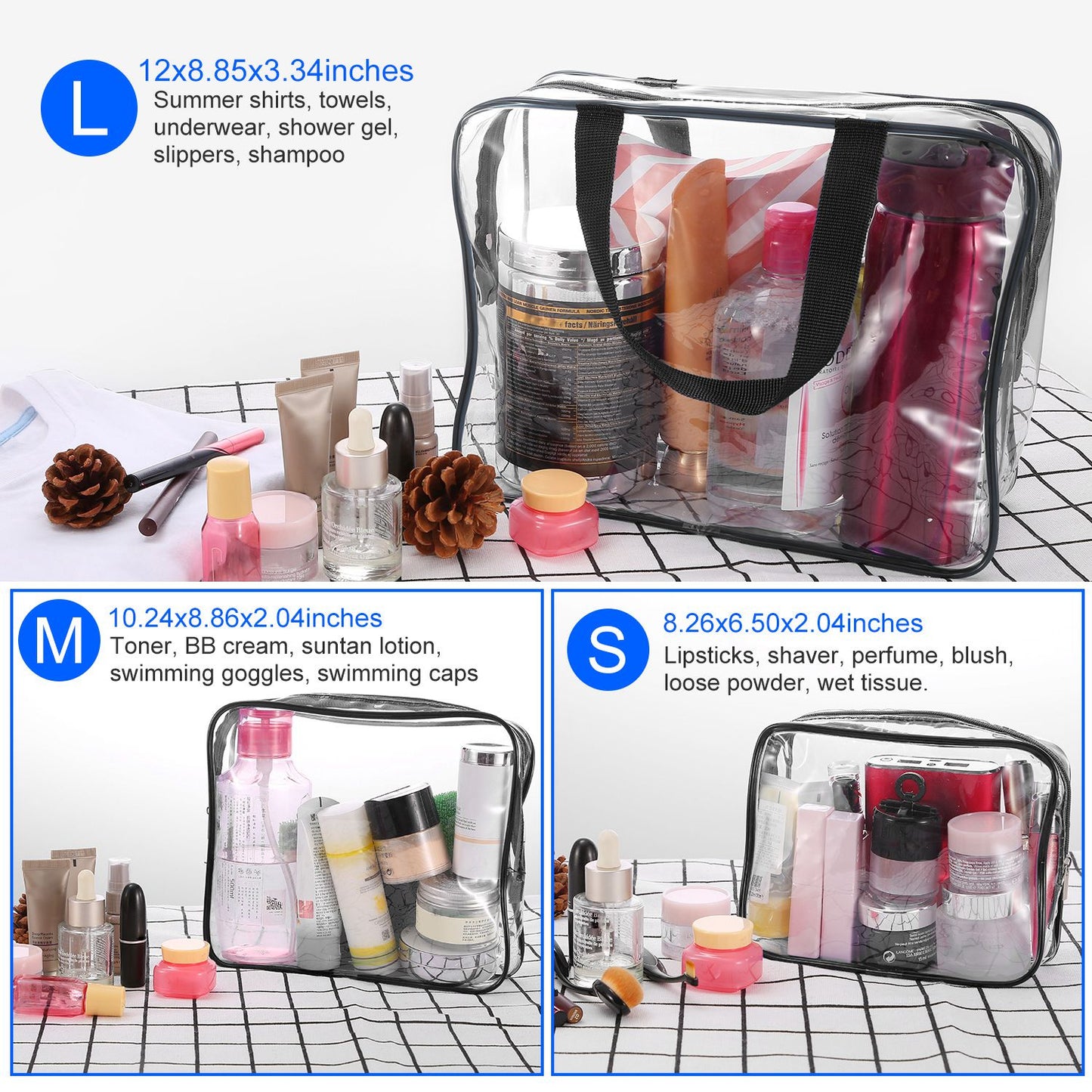 3Pcs Clear Travel Bags Waterproof Cosmetic Makeup Lotion Toiletry Wash Handbags Transparent Holder Pouch Kits For Swimming Travel Hotel