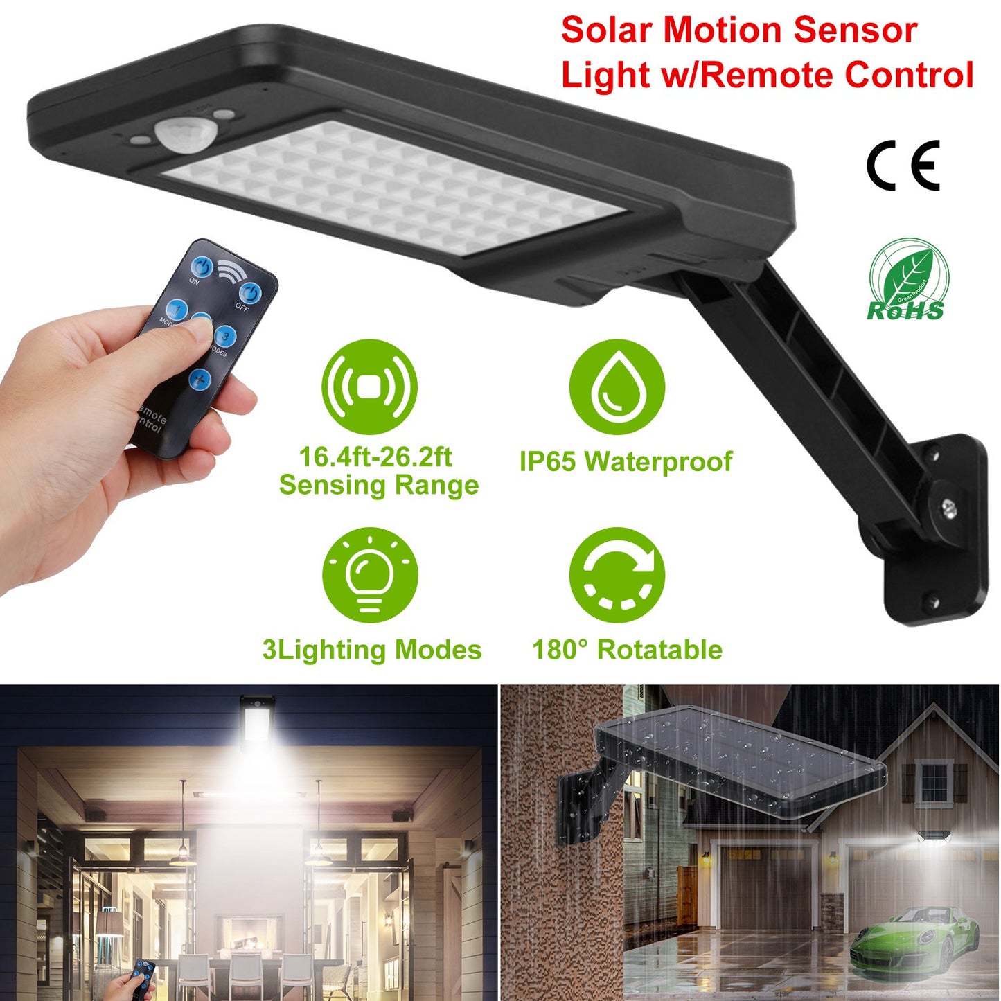 Solar Wall Light Outdoor 60LEDs PIR Motion Sensor Remote Control Wireless Lamps IP65 Waterproof Lighting for Garage Front Door Garden Pathway