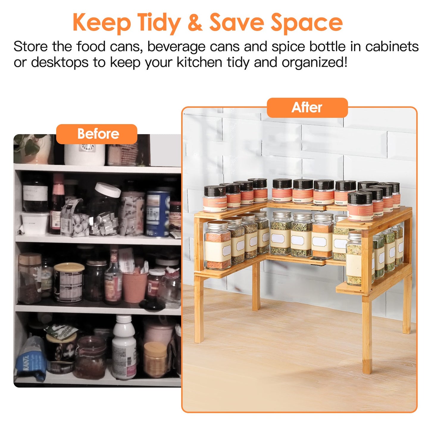 2-Tier Kitchen Spice Rack Expandable Bamboo Spice Organizer Cabinet Stackable Seasoning Organizer Extendable Spice Jar Rack for Countertops Pantries C