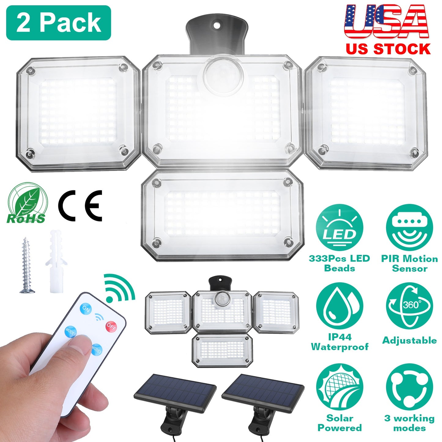 2 Pack Solar Powered Wall Lights IP44 Waterproof Motion Sensor Lamps with Separate Solar Panel 4 Adjustable Heads 333Pcs Beads 120¡ Sensing Angle Remo