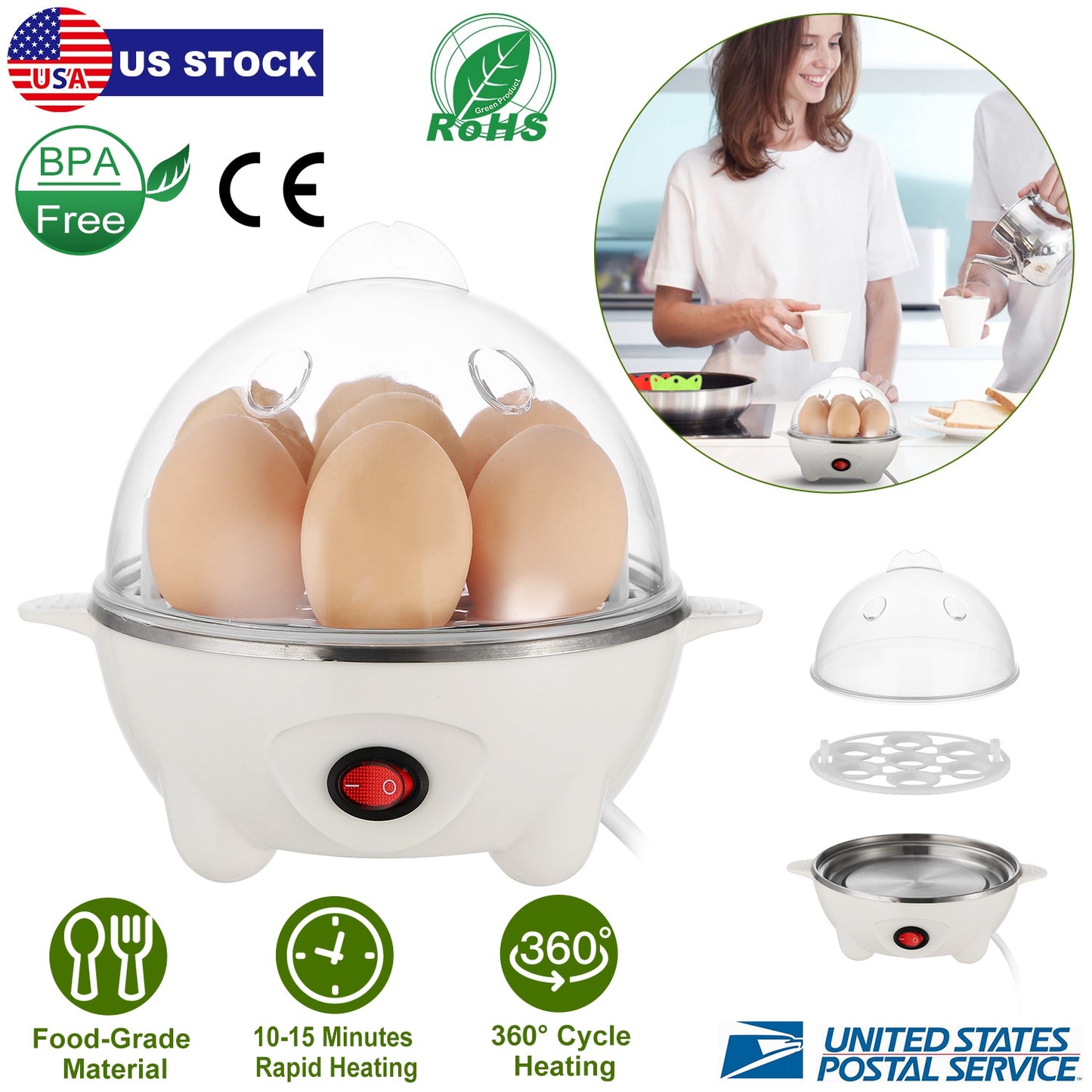 Electric Egg Cooker 7-Capacity BPA-Free Hard-Boiled Egg Maker w/ Auto-Off Measuring Cup for Hard Boiled Steamed Vegetables Seafood Dumplings