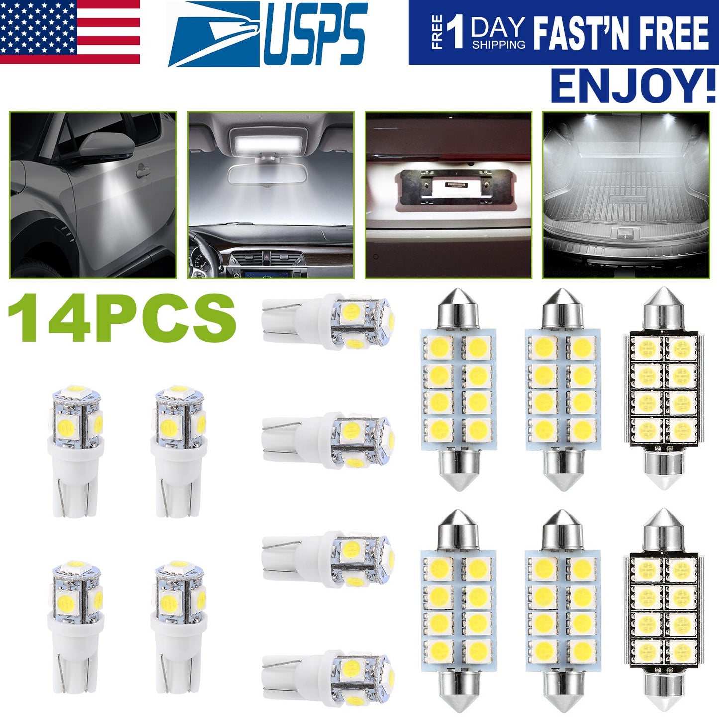 14Pcs T10 41mm Festoon LED Light Bulb Interior Dome Map LED Lights License Plate Trunk Side Positioning Lights 6000K White