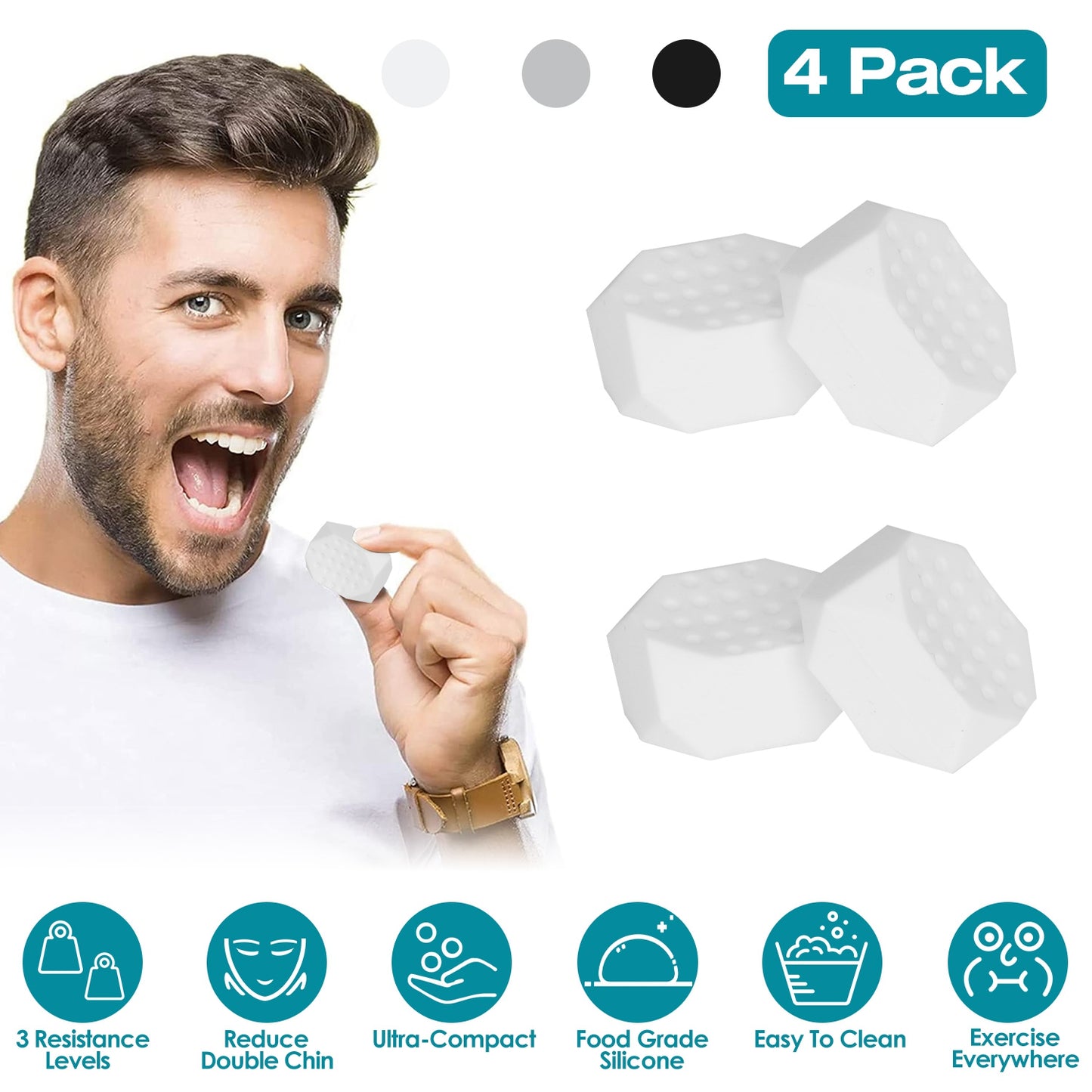 4 Pack Jawline Exerciser for Men Women Jaw Trainer Shaper Sagging Skin Double Chin Reducer with 3 Resistance Levels for Beginners Intermediate Expert