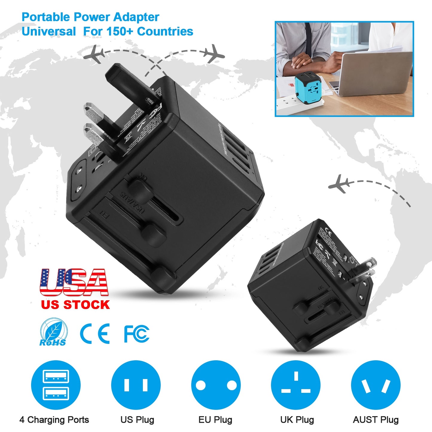 Universal Travel Power Adapter All in One AC Power Plug Adapter International Wall Charger with 4 Charging Ports for Phones Tablets Cameras US UK EU A