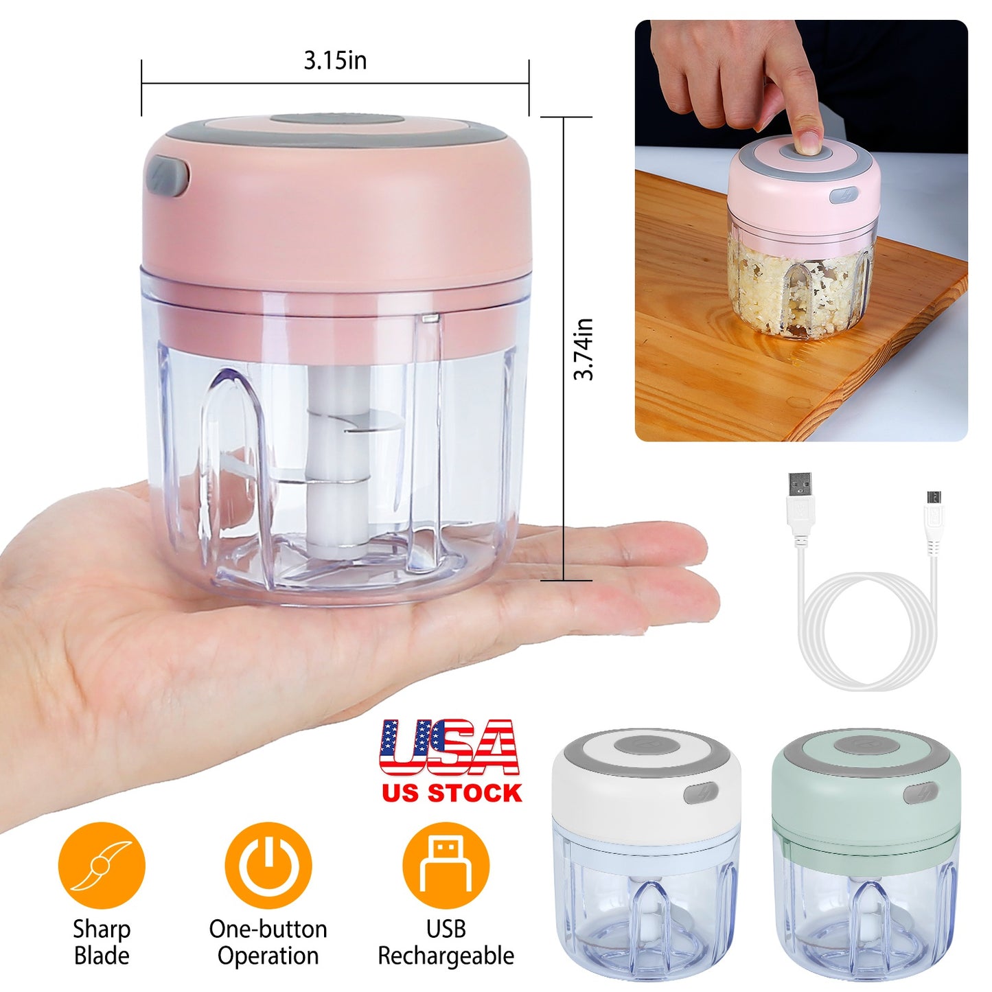Mini Electric Garlic Chopper 8.45OZ Cordless Garlic Mincer Food Chopper Rechargeable Food Blender Chili Nut Onion Pepper Meat Ginger Baby Food
