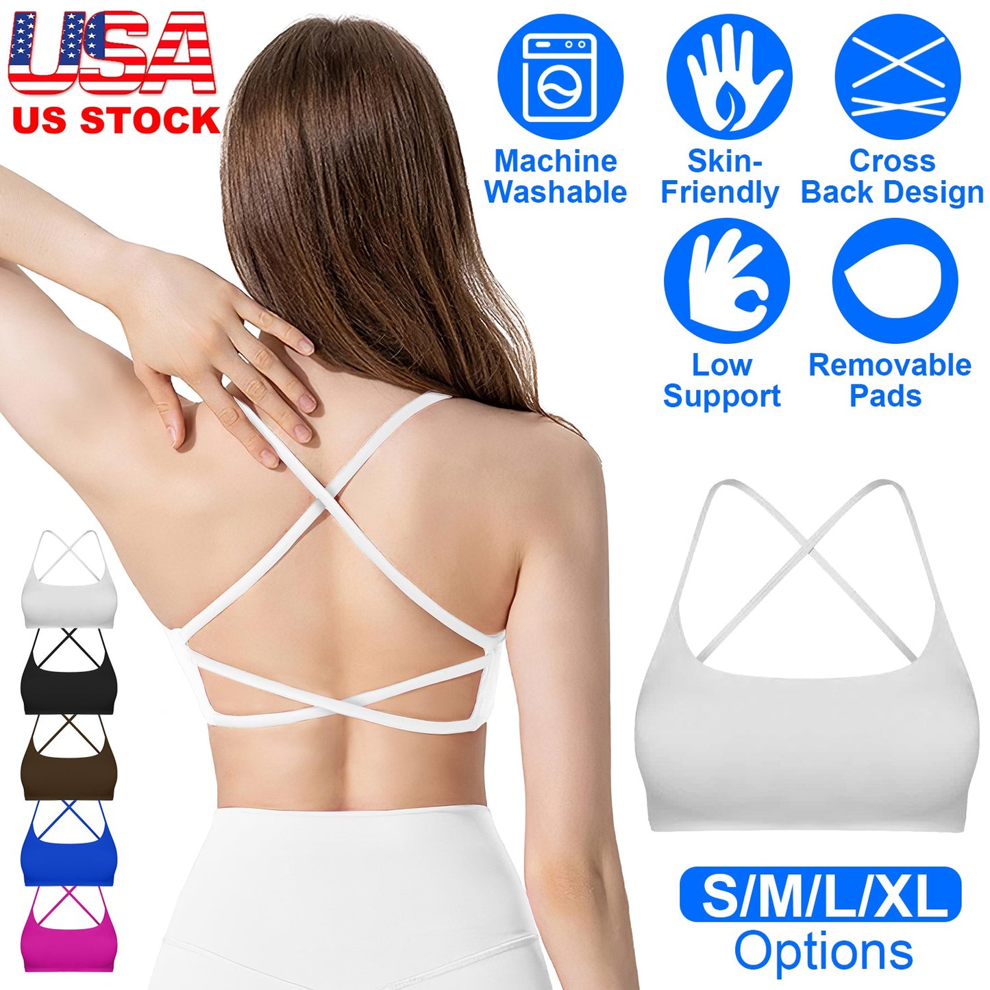 Women Cross Back Sport Bras Padded StrappyÊCrop Open Back Low Impact Bras SexyÊFitnessÊTank Tops with Removable Pads Thin Straps for Gym Yoga Workout
