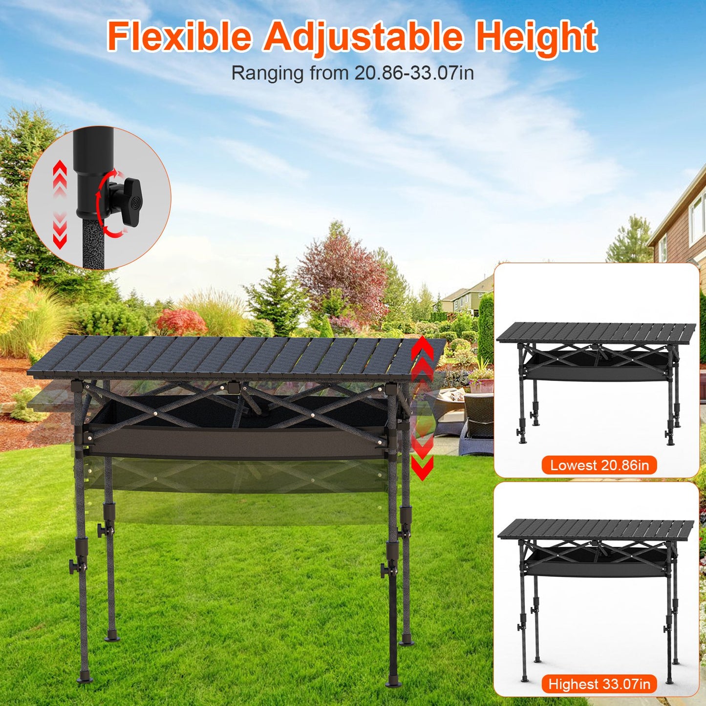 Portable Folding Camping Table With Adjustable Height Hanging Net Rustproof Carbon Steel Foldable Roll-Up Camping Table for Picnic Camping Hiking Beac