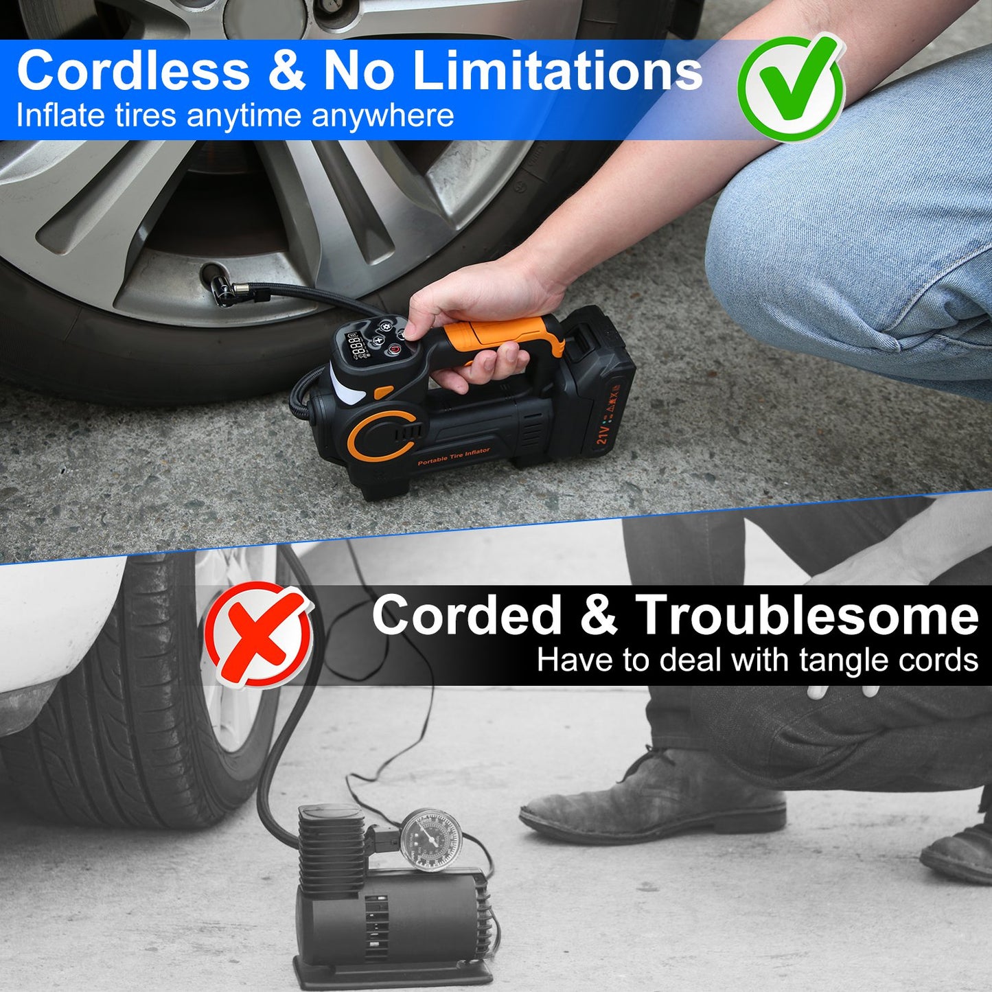 140W 150PSI 21V Battery Powered Tire Inflator Cordless Air Pump Digital Air Compressor with LED Light for Cars Motorcycles Bicycles Balls