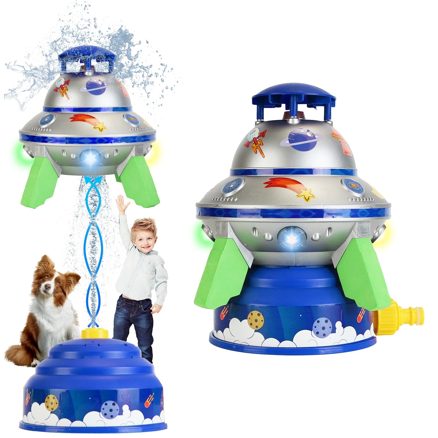 UFO Water Sprinkler Outdoor Summer Rocket Toy With Colorful LED Lights 360¡ Spinning 1.64FT To 6.56FT Adjustable Height Birthday Summer Gift For Girls