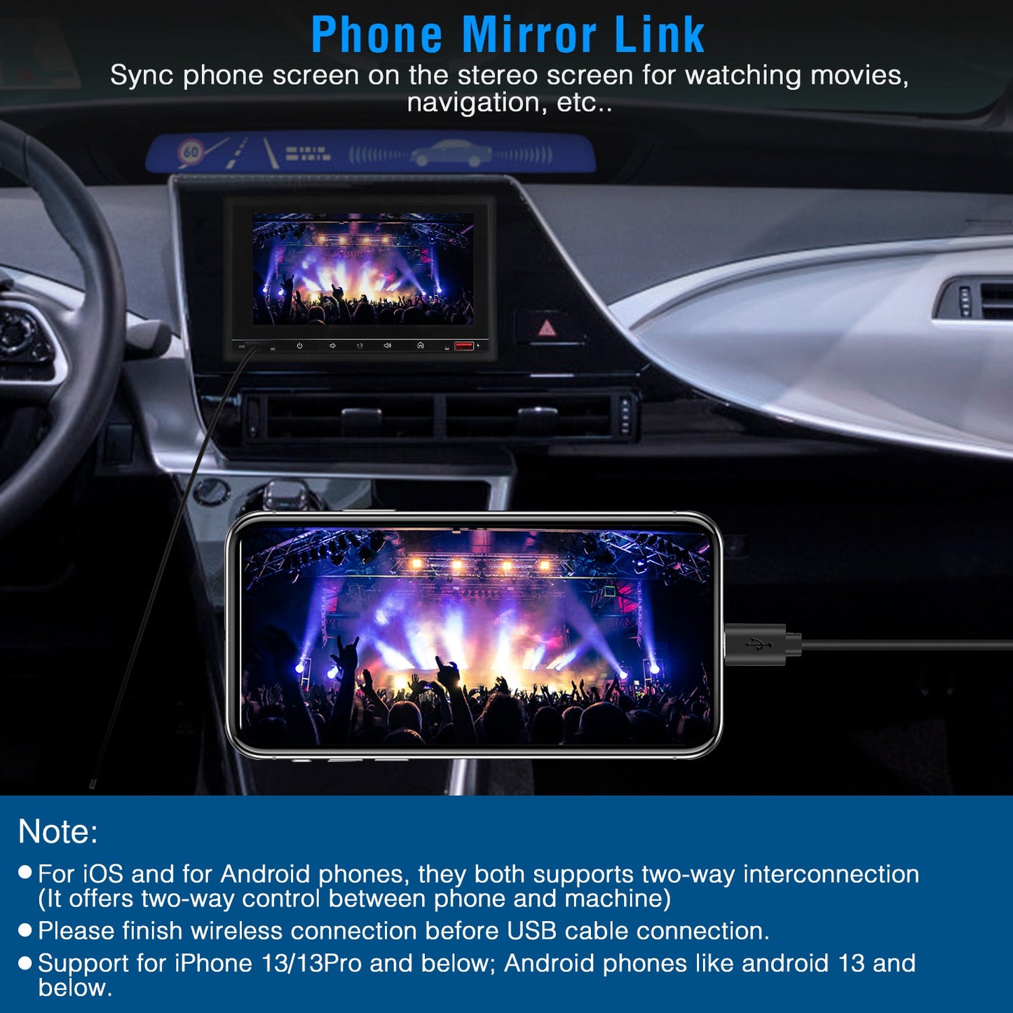 7In Universal Wireless Car MP5 Player 1080P Video Player Stereo Audio FM Radio Aux/USB Input with Rear View Camera Remote Control