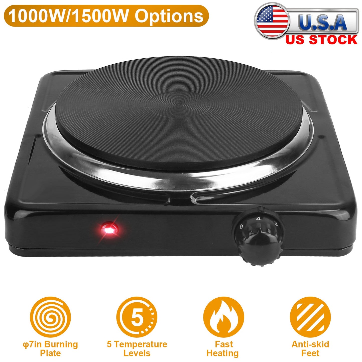 1500W Electric Single Burner Portable Heating Hot Plate Stove Countertop RV Hotplate with Non Slip Rubber Feet 5 Temperature Adjustments