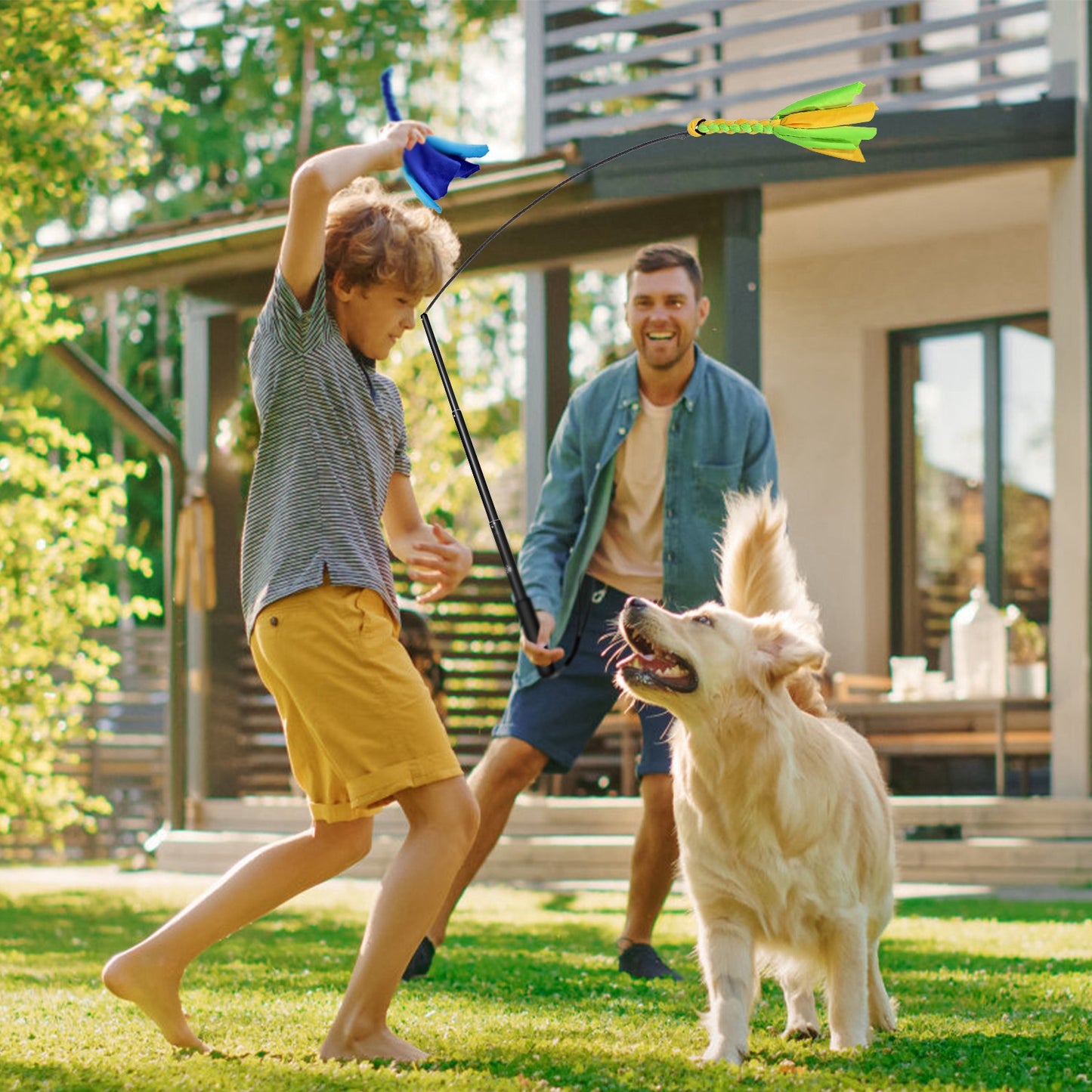 Extendable Dog Flirt Pole with Lure 10.23-26.77in Teaser Wand with 2 Replaceable Interactive Tail Toys For Small Medium Large Dogs Training Exercise T