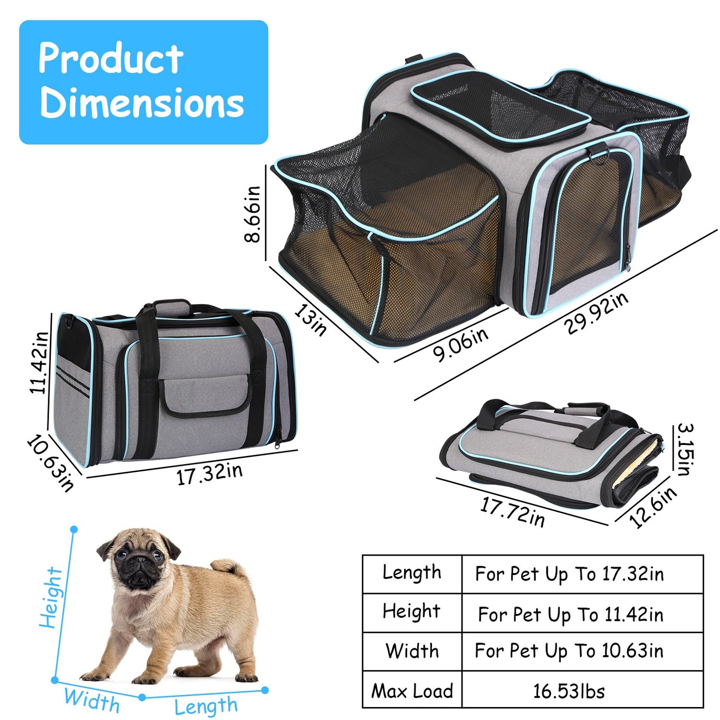 Expandable Pet Carrier Airline Approved Cat Dog Carrier Cat Collapsible Soft CarrierÊBag with Removable Fleece Pad Pockets Breathable Mesh Adjustable