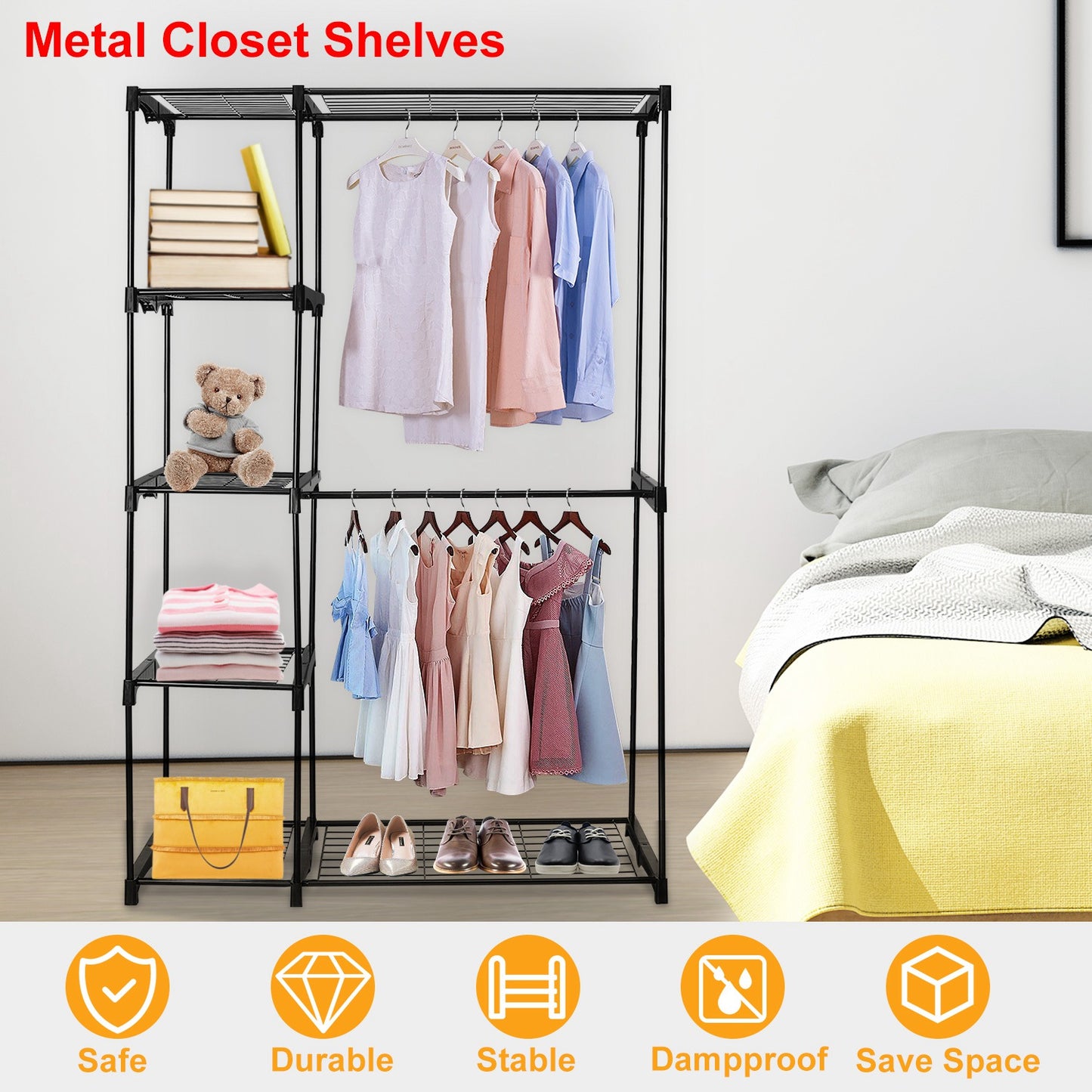 Metal Closet Deluxe Double Rod Freestanding Closet Clothes Storage Organizer Coat Storage Wardrobe Metal Shoes Storage Rack with 5-Tier Wire Shelving