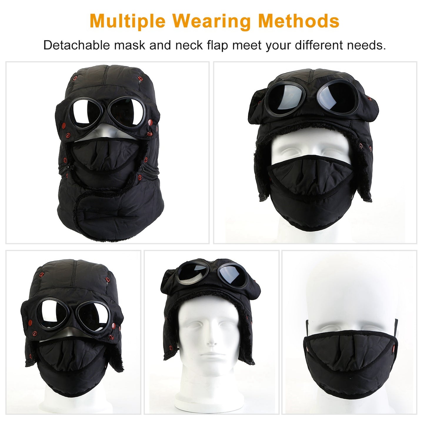 Unisex Thermal Winter Goggles Hat Warmth Trapper Trooper Cap Windproof Dustproof Breathable Hat w/ Neck Flap Detachable Face Mask For Skiing Cycling R
