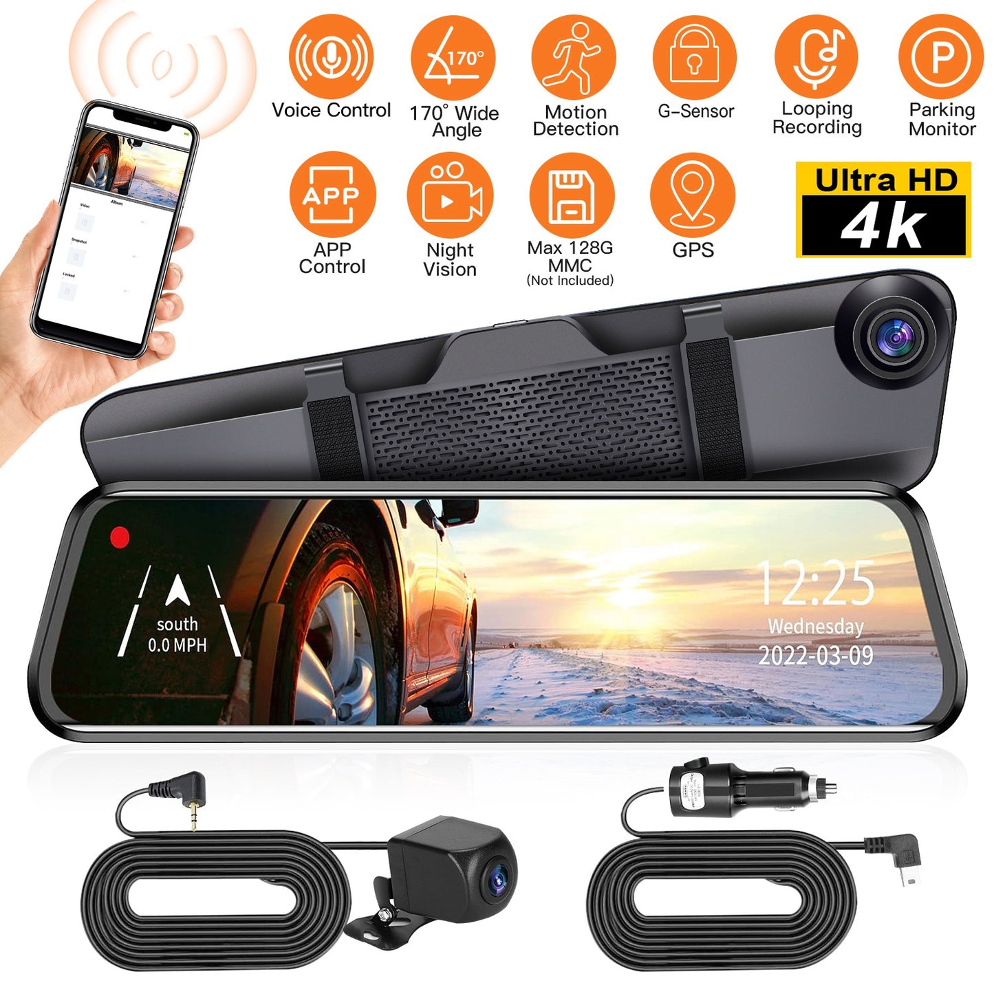 4K Car DVR 12in Dash Cam Camcorder Camera Recorder with 170¡ Angle Loop Recording Motion Detection Night Vision Voice Control APP Control G-sensor