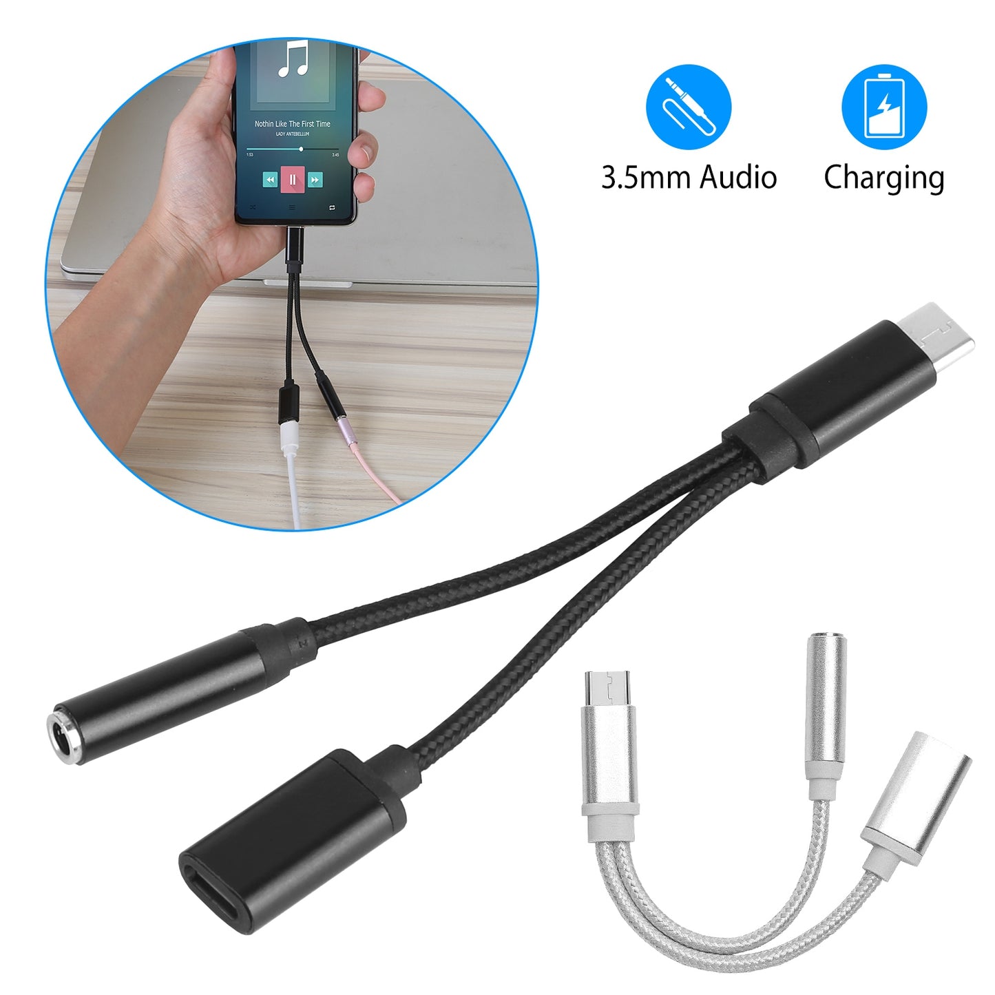 USB Type C to 3.5mm Aux Audio Charging Adapter Braided TPE Metal Shell Headphone Jack Splitter Cable Wire Charger