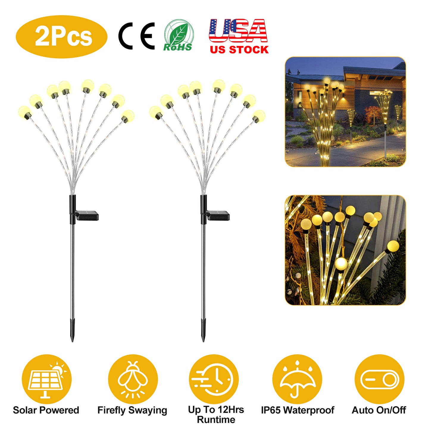 2Pcs Solar Firefly Lights Swaying Decorative Pathway Stake Lamp IP65 Waterproof Landscape Patio Yard Night Light