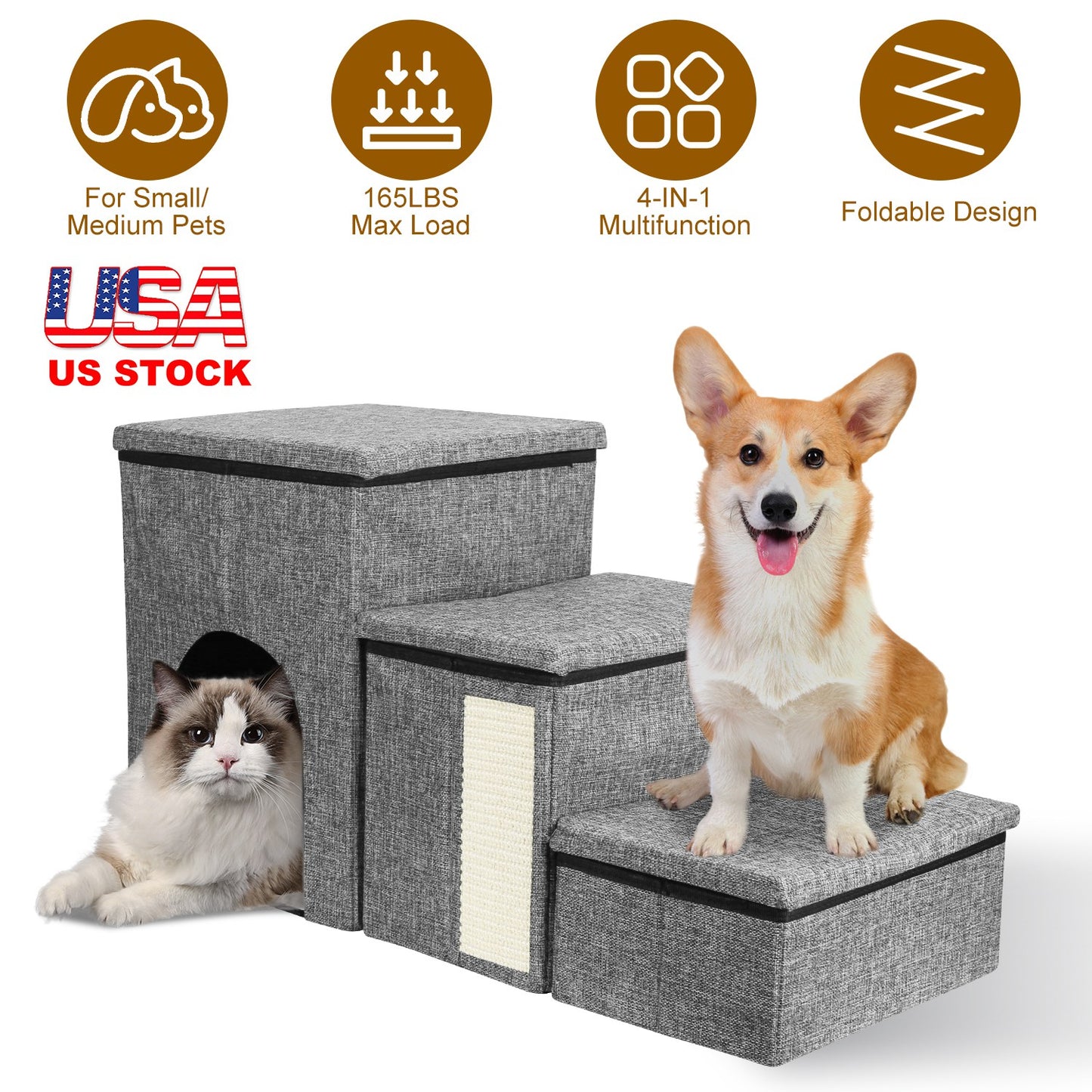 3 Step Pet Stair 4-IN-1 Foldable Dog Ramp Non-Slip Cat Storage Ladder with Scratcher Storage and Pet House for Old Pet Small/Medium Dog/Cat 165LBS Max