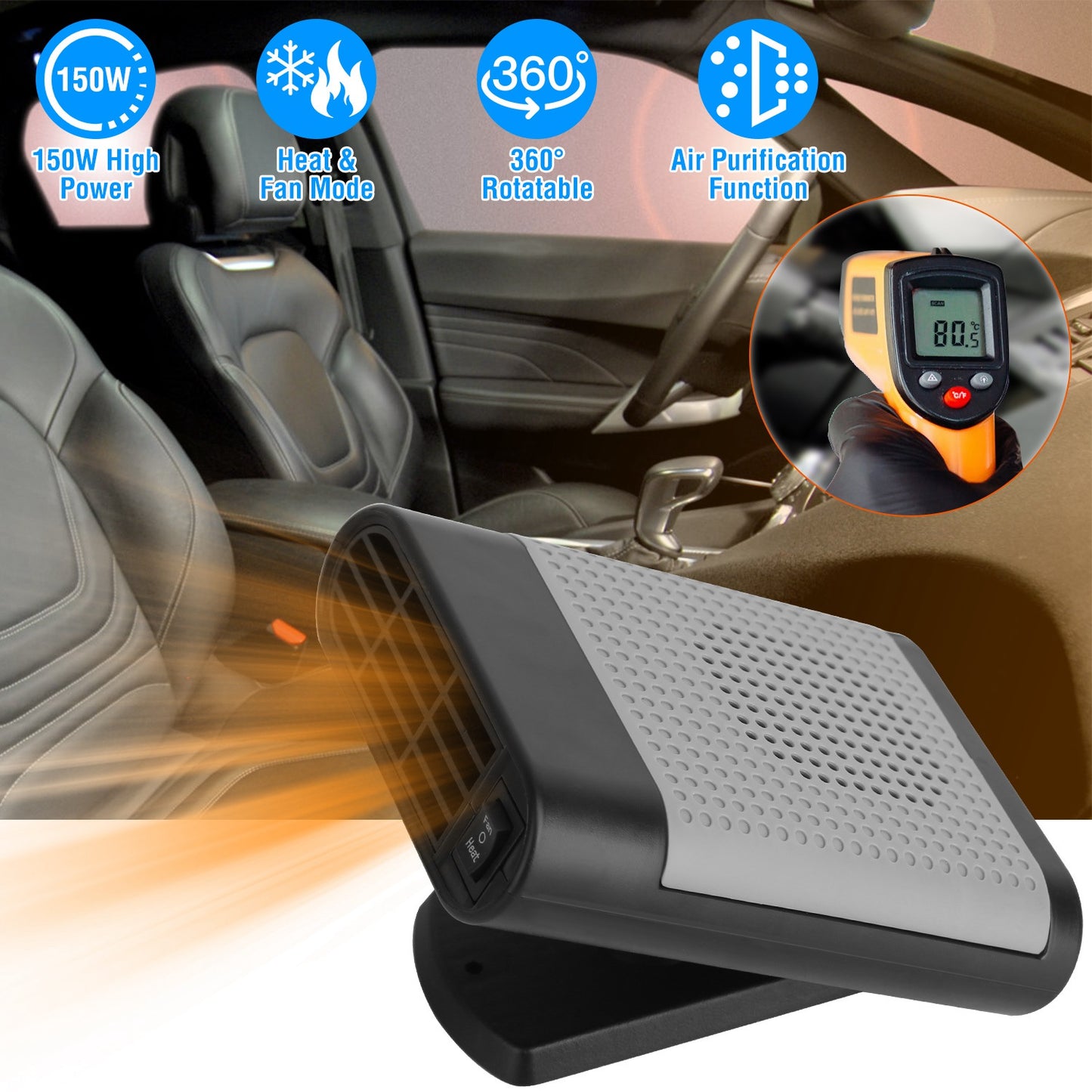12V 150W Portable Car Heater Heating Fan 2 In 1 Defroster Defogger Demister Windshield Heater Automotive Cooling Fan with Air Purification 360¡ Rotati