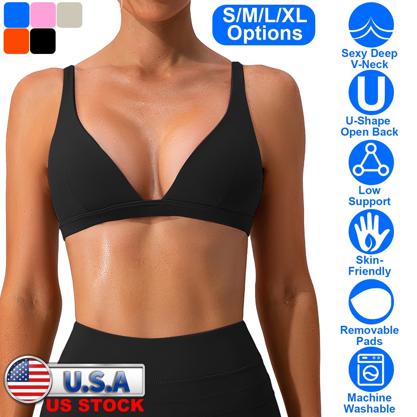 Women Deep V-Neck Sports Bras U-Shaped Back Sport Bras Padded StrappyÊCrop Open Back Low Impact Bras SexyÊFitnessÊTank Tops with Removable Pads for Gy