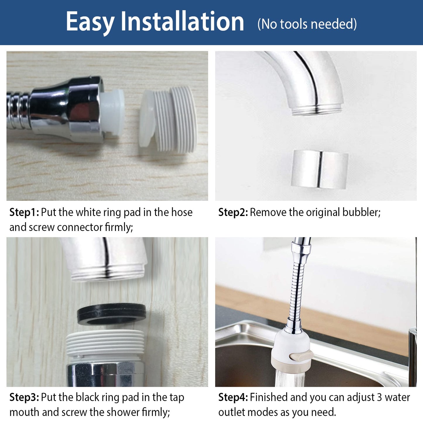 Movable Kitchen Tap Head 360¡ Rotatable Swivel Water-Saving Faucet Anti-Splash Sink Tap Head Spray Aerator w/ Three Modes Flexible Extended Hose For H