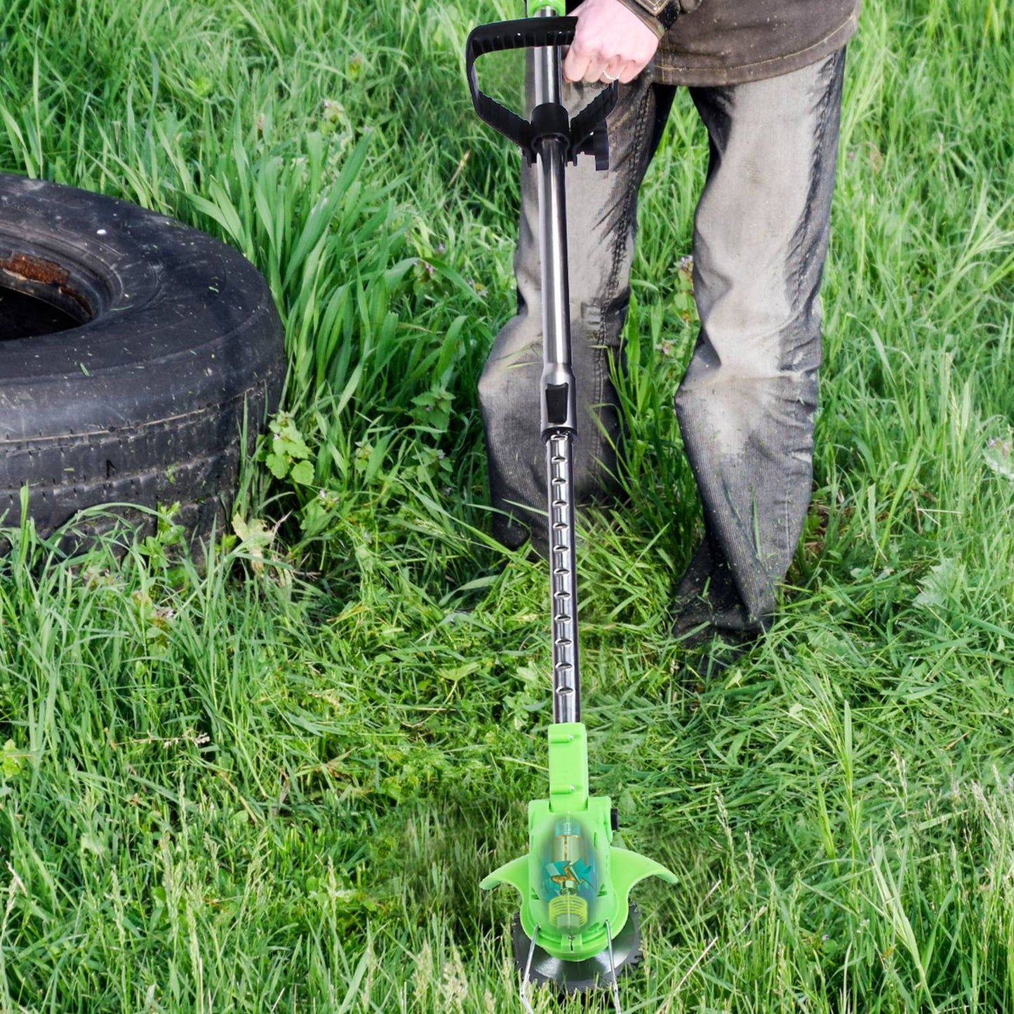 12V 200W Cordless Grass Trimmer Rechargeable Lawn Mower 9000M/Min Weed Cutter with Saw Blade 2 Stainless Steel Blades 10 Plastic Blades 2 Rechargeable