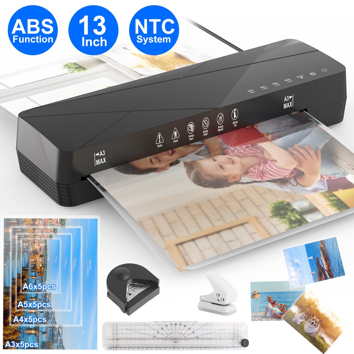 13Inch Laminator Machine Hot And Cold Mode A4 Personal Thermal Laminator With ABS Function 60S Warm-Up Time 30Mins Auto-Off for Home Office School Bus