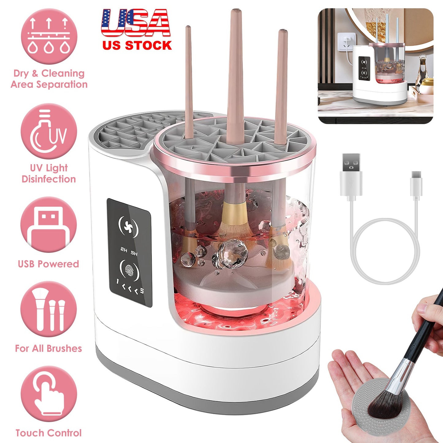 4 In 1 Electric Makeup Brush Cleaner USB Powered Automatic Brush Blender Machine with Timer Digital Display Cleaning Drying UV Disinfection Brush Stor