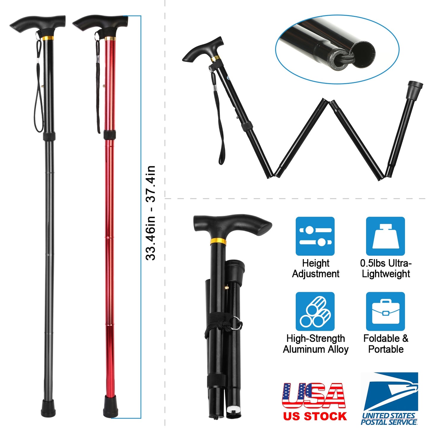 Walking Cane Aluminum Alloy Walking Stick Adjustable Folding Travel Hiking Stick Anti-Slip