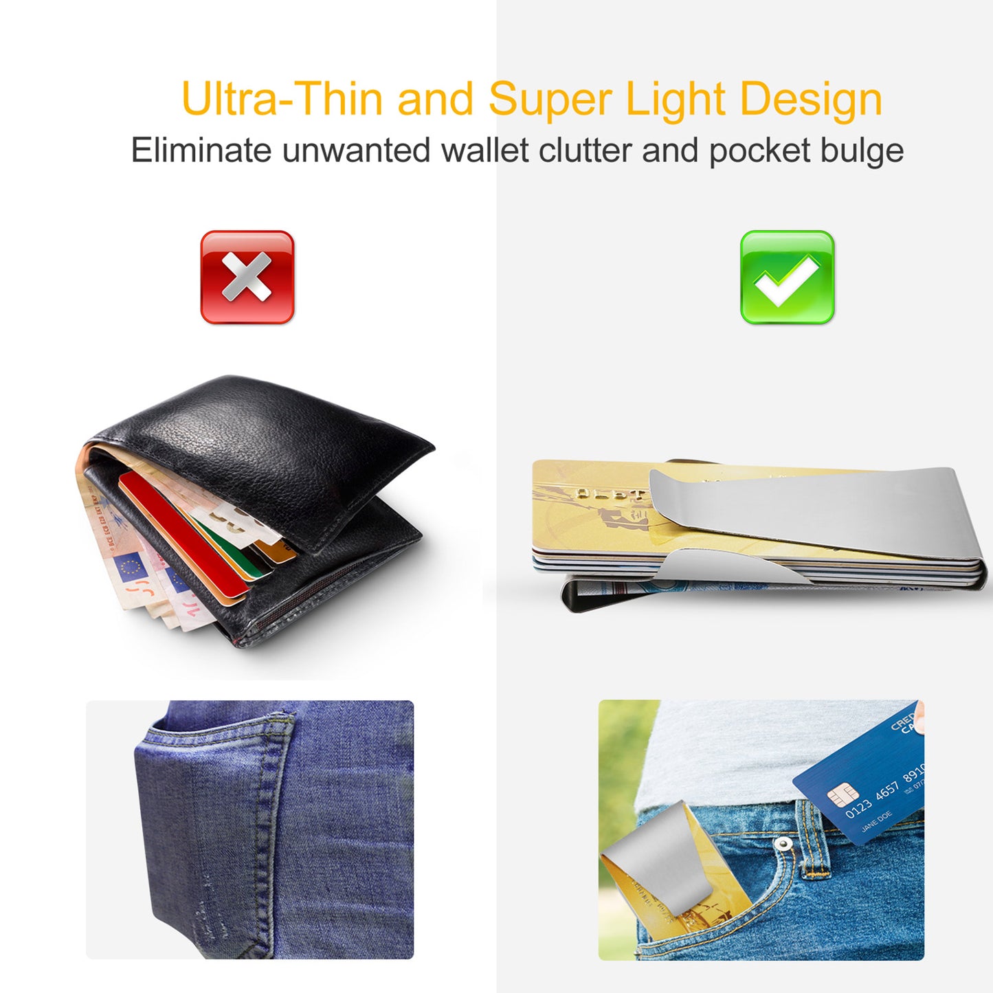 Slim Clip Double Sided Money Clip Credit Card Holder Wallet Stainless Steel