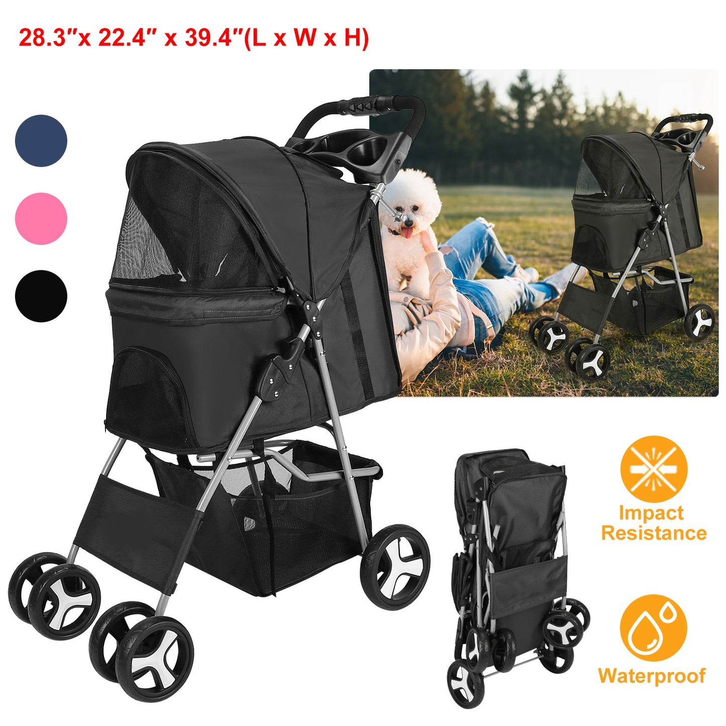 4 Wheels Pet Stroller Foldable Carrier Strolling Cart Travel Jogger Pet Stroller with Removable Liner Storage Basket for Dog Cat
