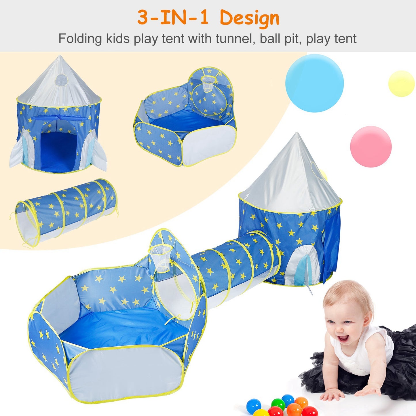 3 In 1 Child Crawl Tunnel Tent Kids Play Tent Ball Pit Set Foldable Children Play House Pop-up Kids Tent w/Storage Bag For Indoor Outdoor Travel Use