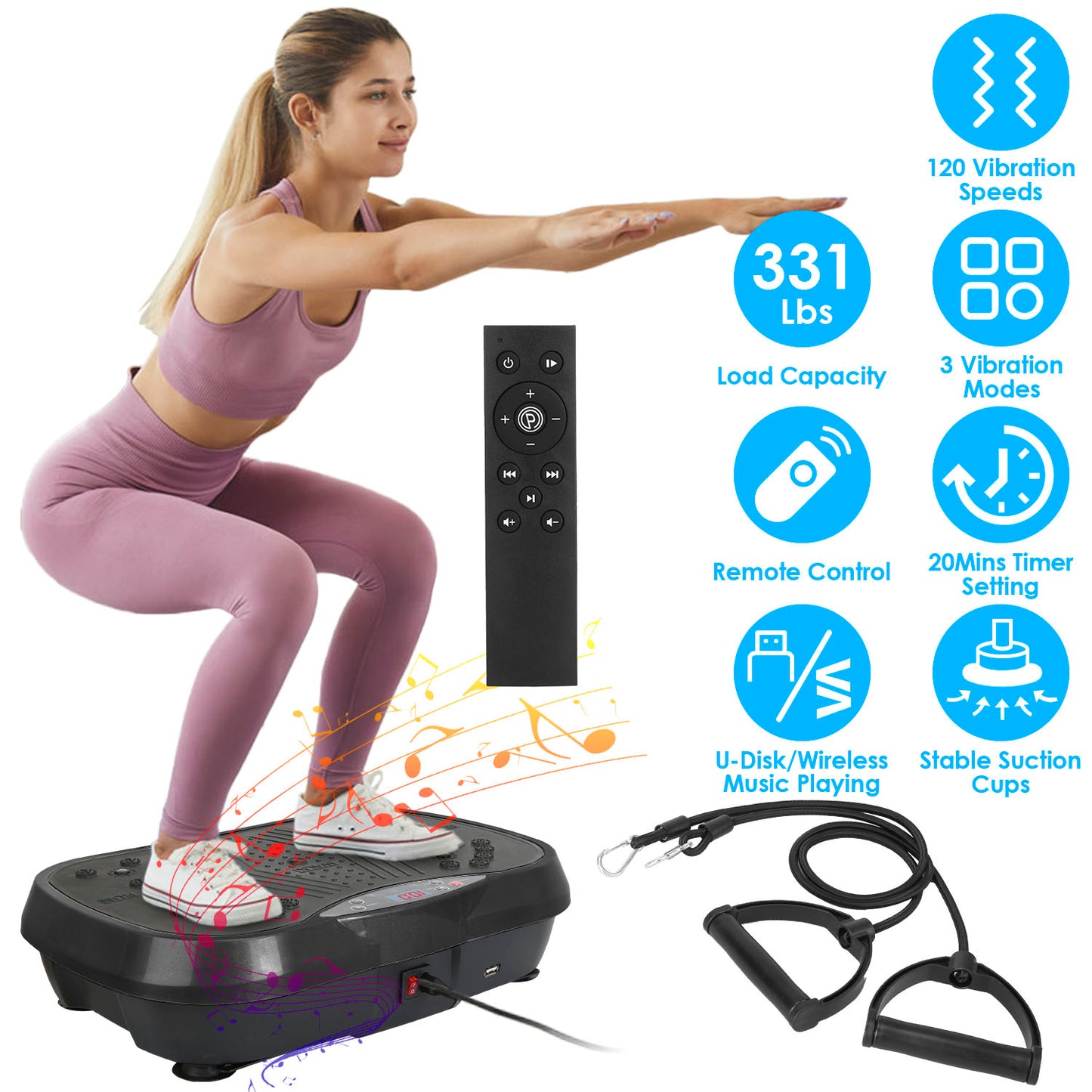 Vibration Exercise Machine Vibrating Plate Platform Whole Body Fitness Vibration Workout Equipment with 120 Speeds 1-20Mins Timer Resistant Bands Remo