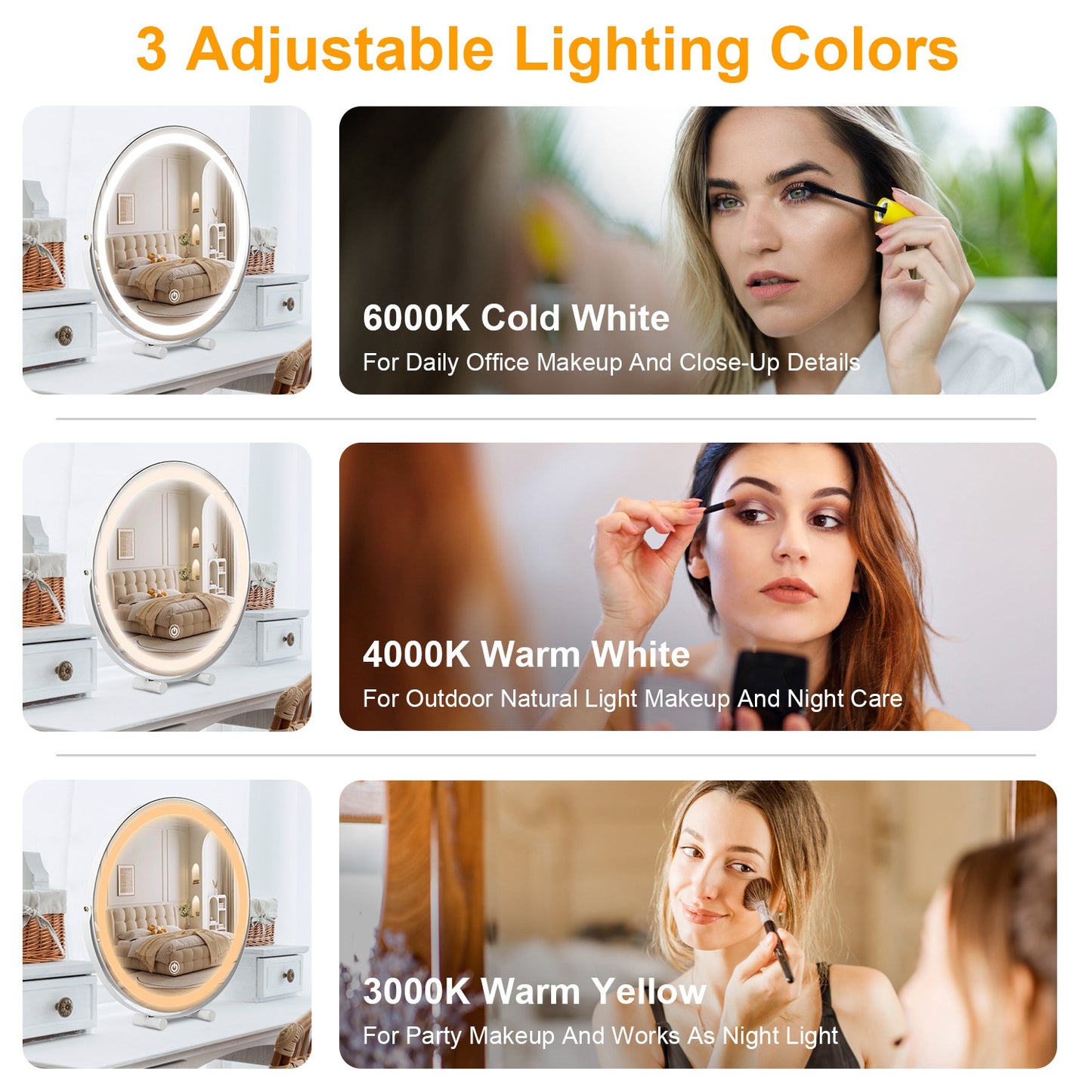 19Inch Large Round Vanity Makeup Mirror With LED Halo Light 3 Lighting Colors Dimmable Brightness Touch Control 360¡ Rotation High-Definition Lighted