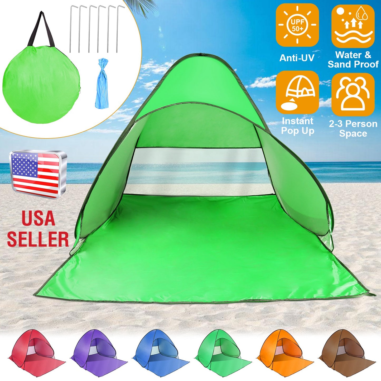 Pop Up Beach Tent Sun Shade Shelter Anti-UV Automatic Waterproof Tent Canopy for 2/3 Man w/ Net Window Storage Bag for Outdoor Beach Camping Fishing P