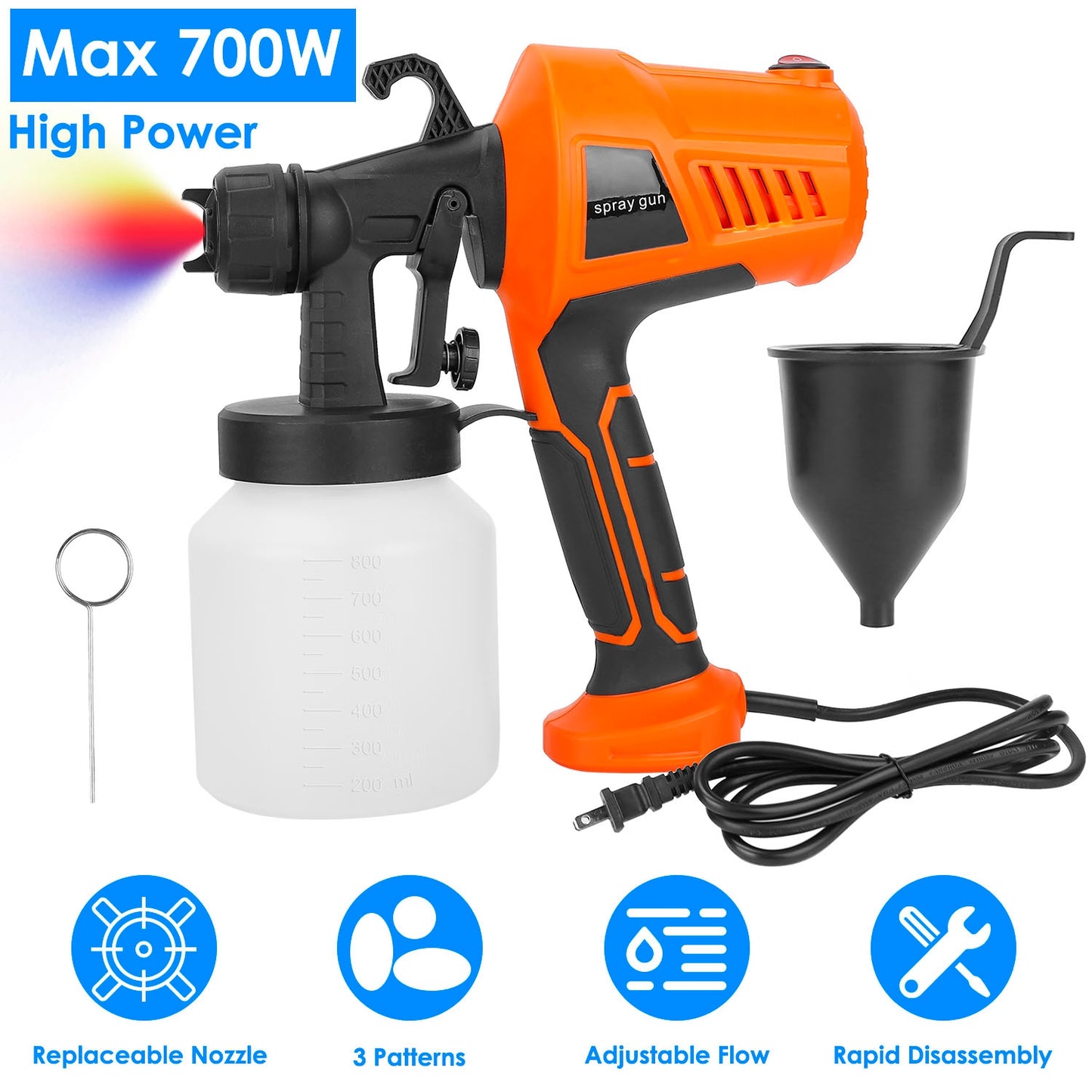 700W Electric Paint Sprayer Handheld HVLP Spray Painter Painting Spray Gun For Fences Brick Walls w/ 3 Spray Patterns 800ML Detachable Cup