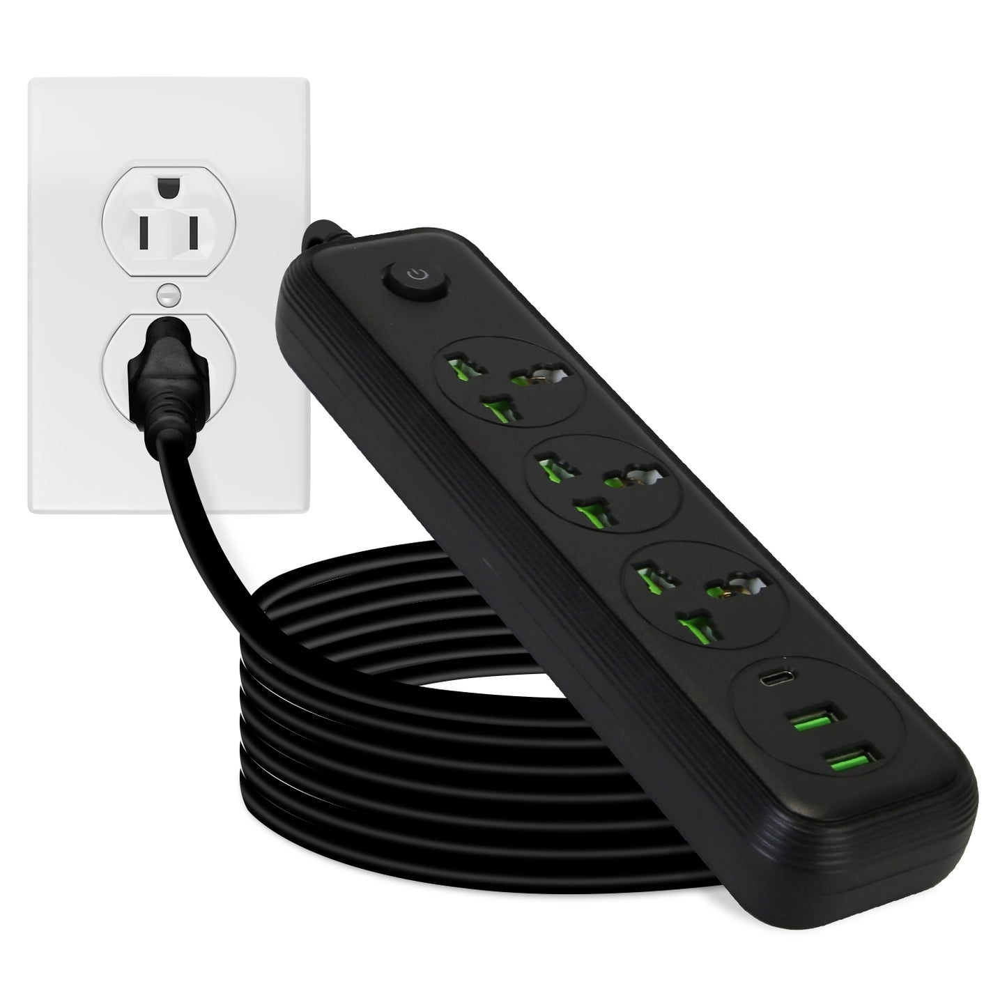 Power Strip with 5.9FT Extension Cord 3 AC Outlets and 2 USB A Ports 1 USB C Port 2500W Wall Mount Outlet Extender For Home Office Dorm Travel