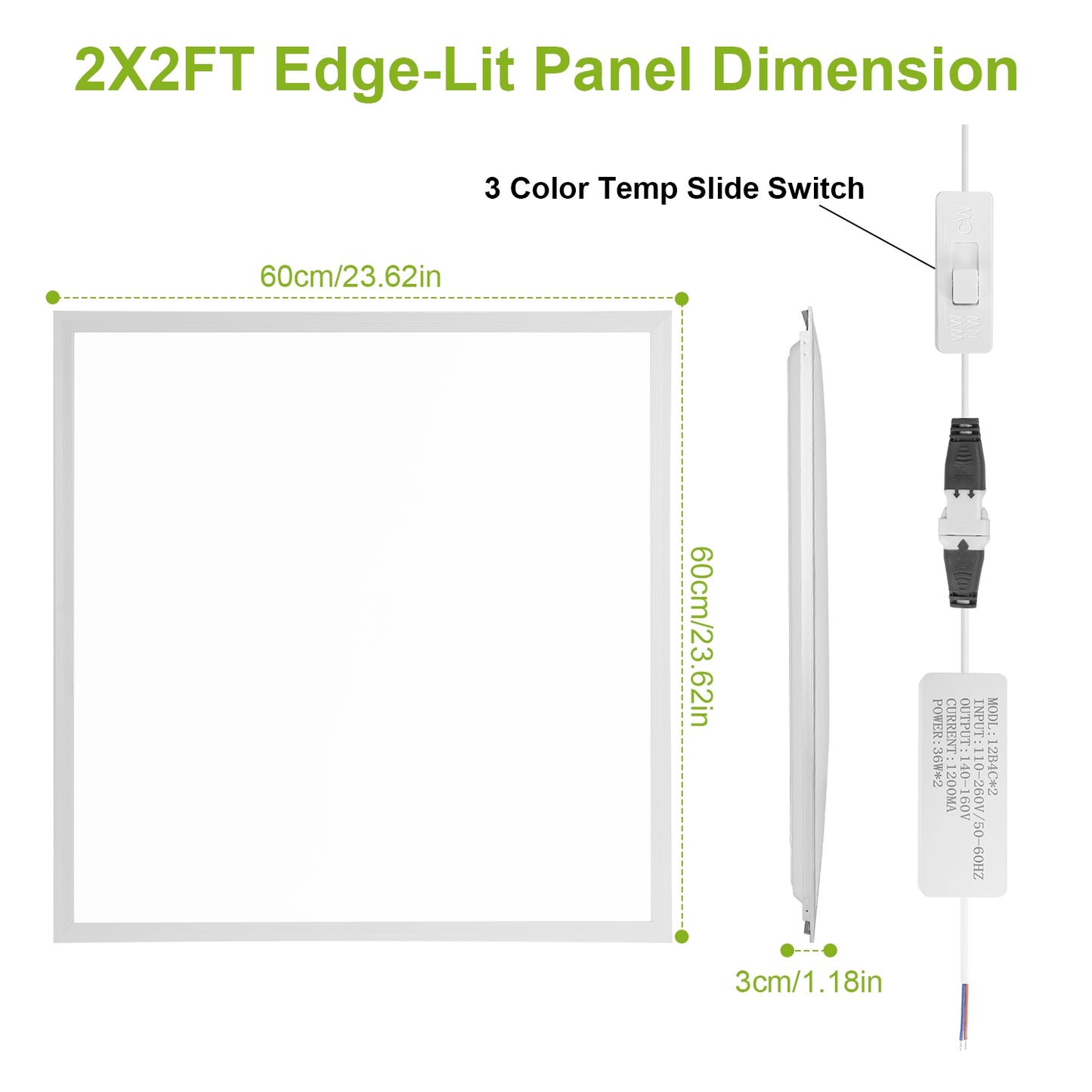 2Pcs 72W 2 2FT LED Panel Light 3800LM Flat Ceiling Light with 3 Lighting Color Temperature Equivalent LED Troffer Recessed Edge-Lit Switchable CCT 110