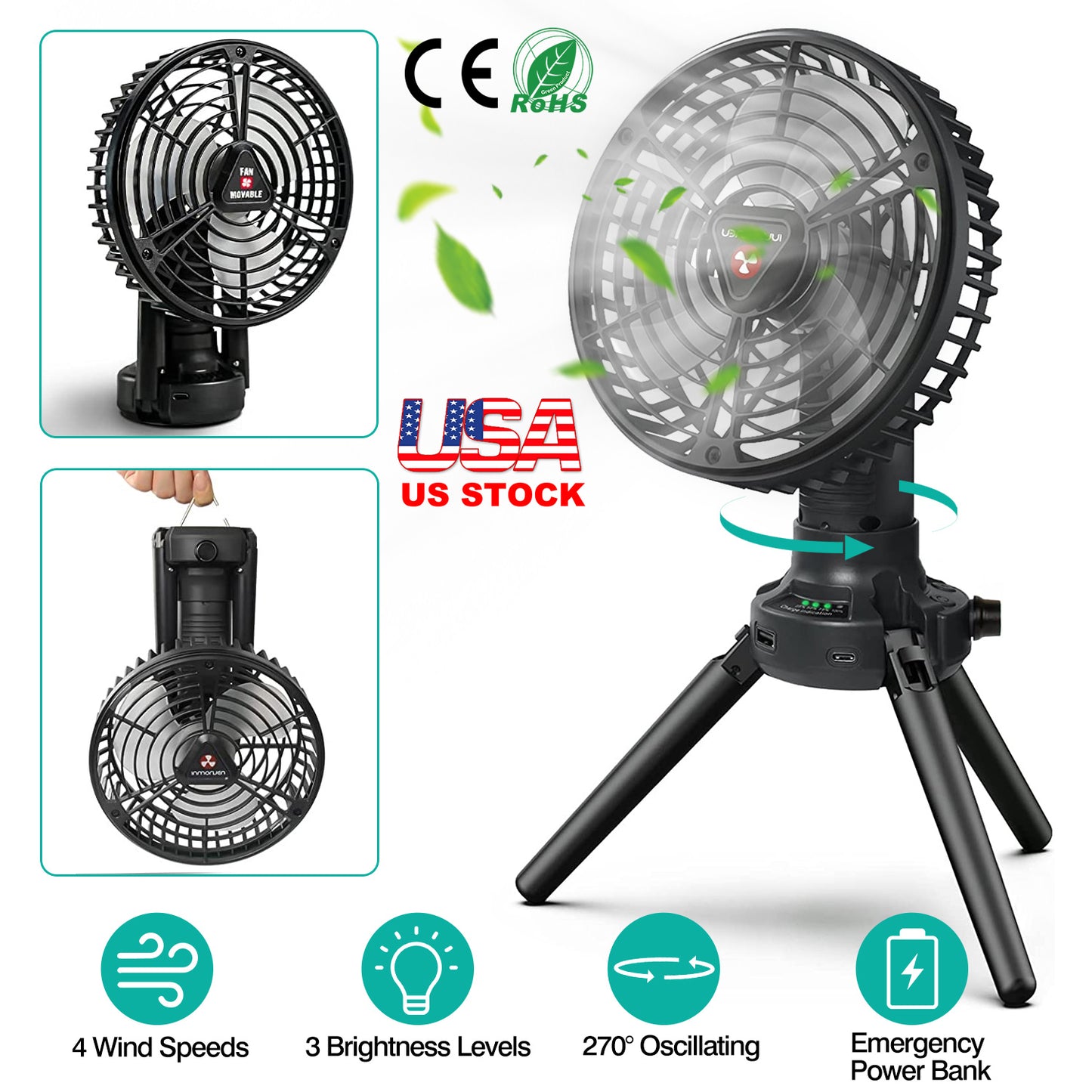 Foldable Camping Fan with Emergency Power Bank 270¡ Oscillating Rechargeable Tripod Fan for Hiking Fishing Personal Desk Fan with 4 Speeds 3 Brightnes