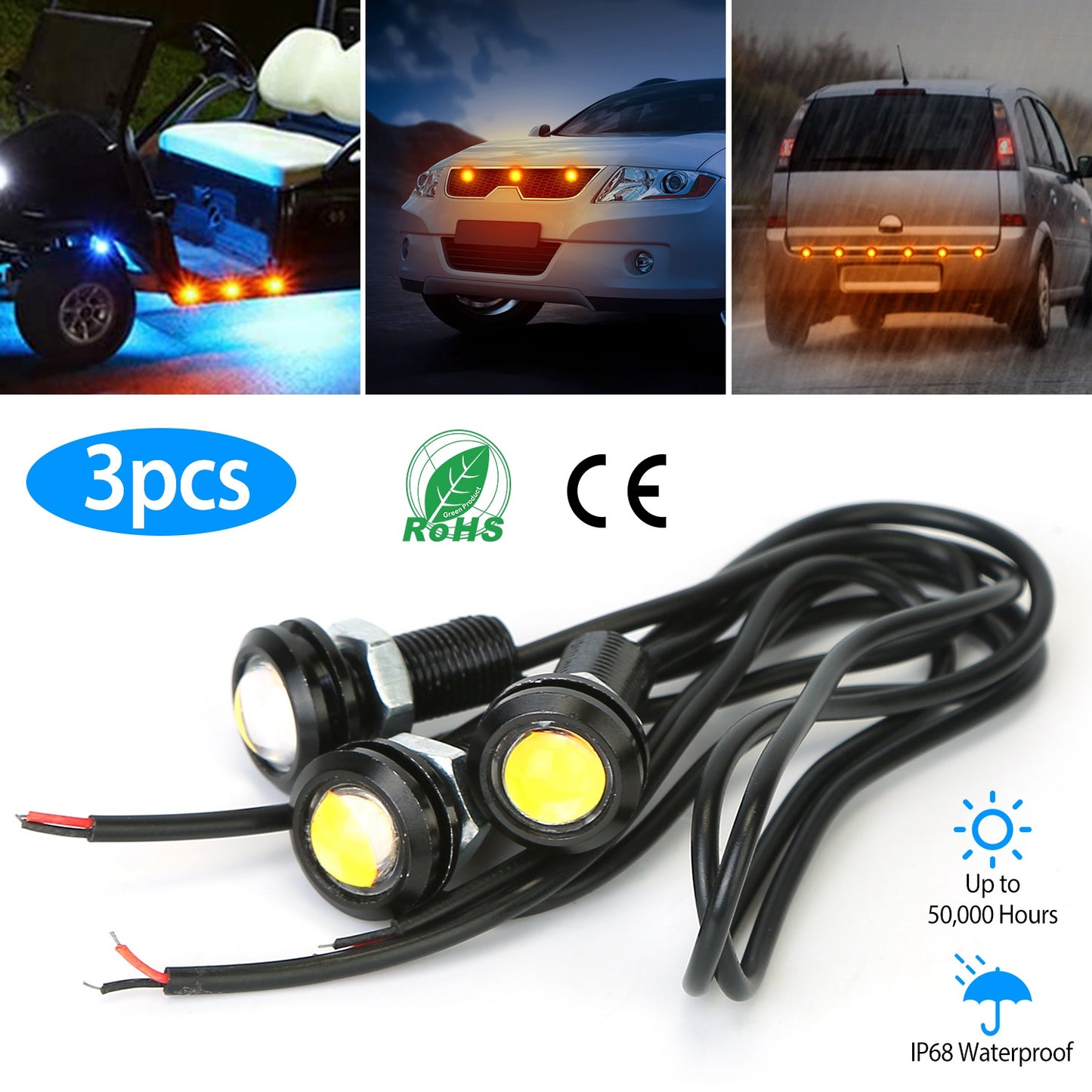 3Pcs Amber Eagle Eye LED Light Bulbs 12V 18MM Waterproof DRL Lights Fog Tail Front Grill Bumper Backup Clearance Marker Light