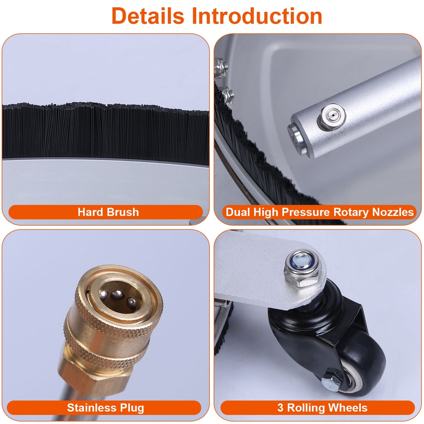 15in High Pressure Washer Flat Surface Cleaner 4000PSI Stainless Steel Disc Power Washer Broom with 3 Wheels 2 Washer Extension Wands 2 Replacement No