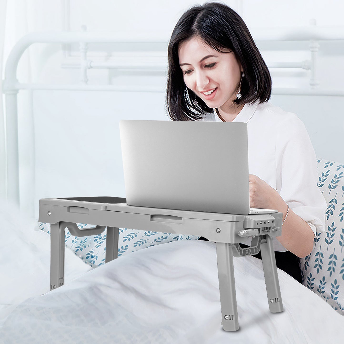 Foldable Laptop Table Bed Notebook Desk w/Cooling Fan Mouse Board LED light 4 x USB Ports Breakfast Snacking Tray with Storage Groove For Home Office