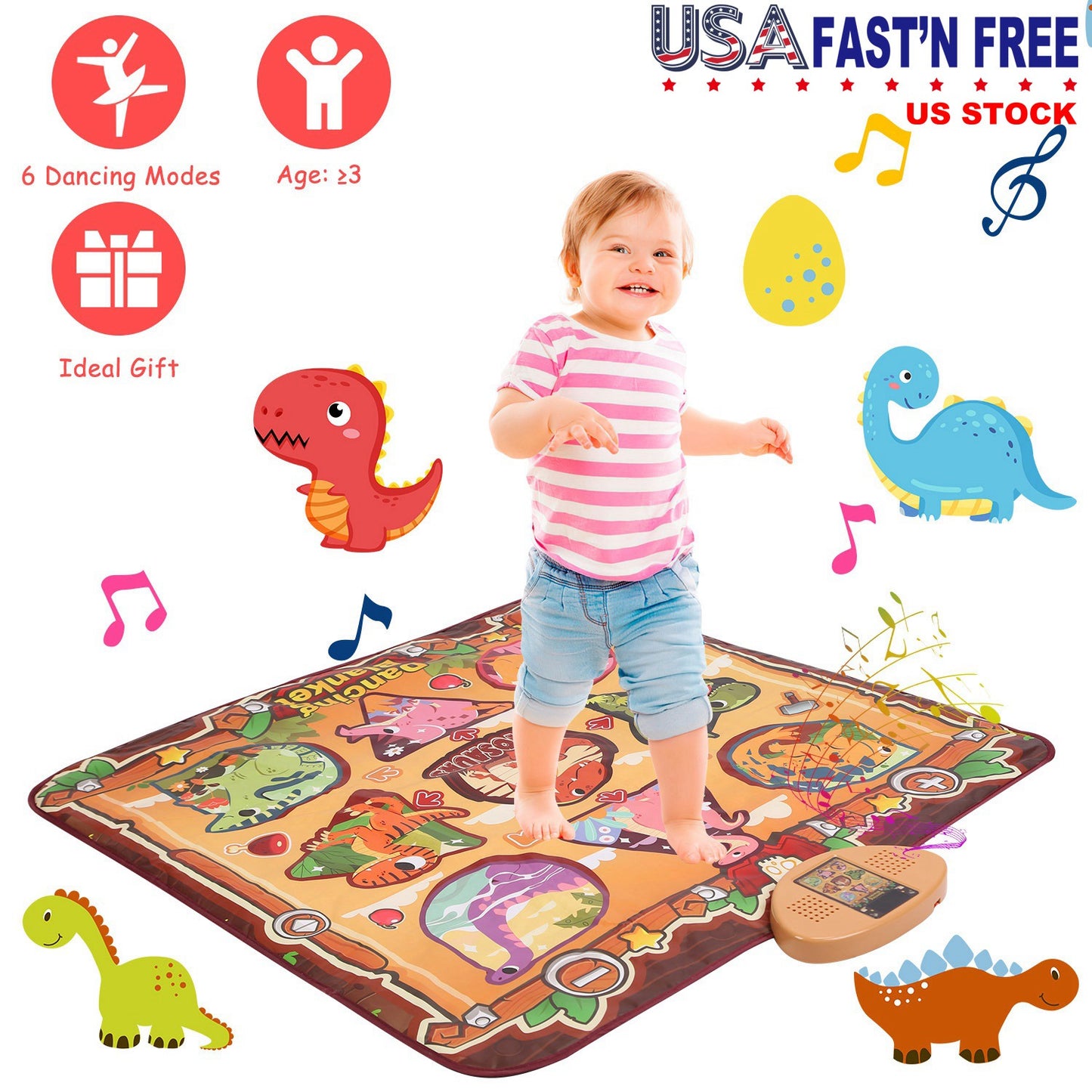 Dinosaur Dance Mat for Kids Aged 3-6 Electronic Music Dance Pad with 7 Gaming Modes Built-in Music Adjustable Volume Optimal Gift for Boys Girls