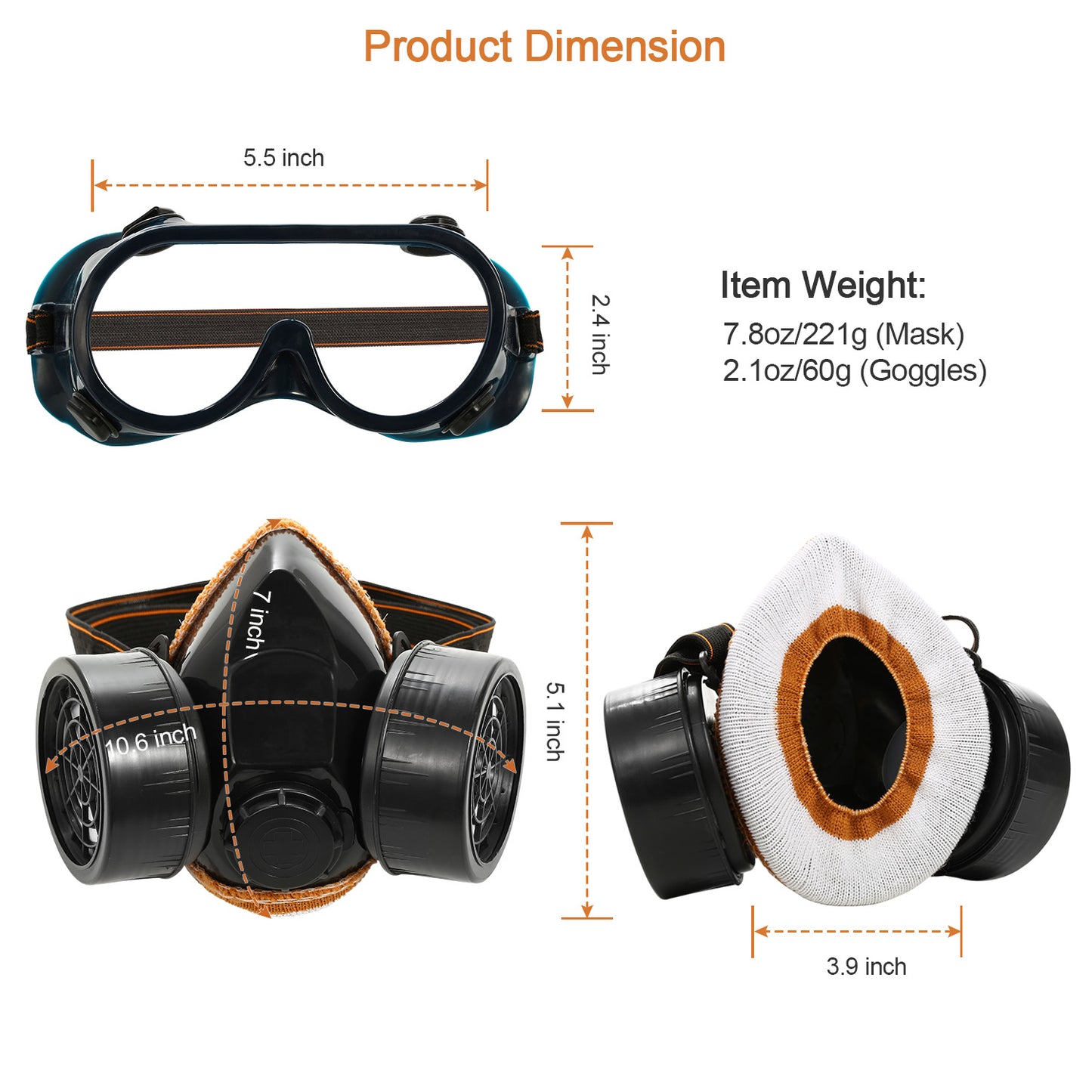 Respirator Mask Anti-Dust Industrial Gas Mask Paint Chemical Spray Protective Mask w/Goggles Dual Filter Cartridge