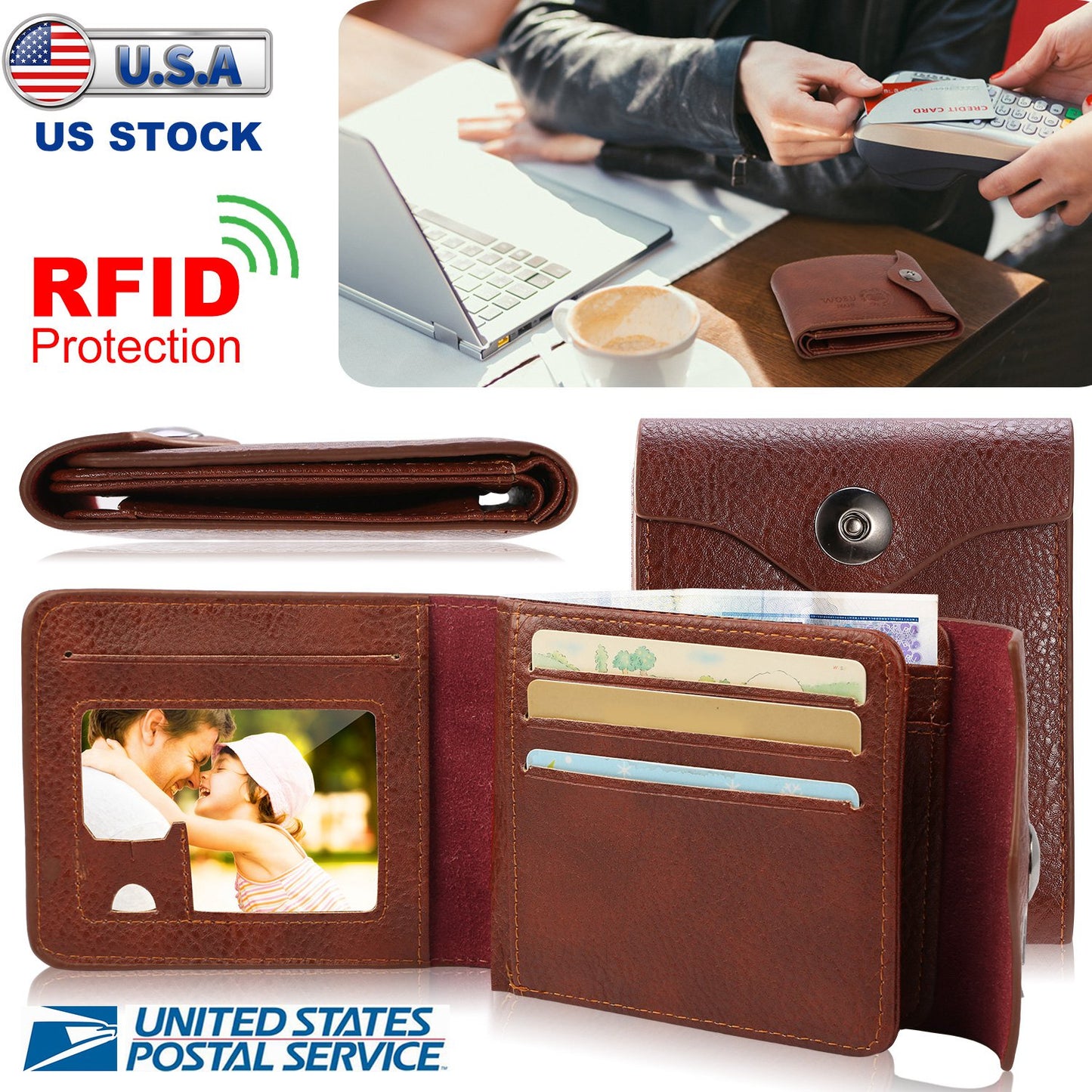 MenÕs Wallet PU Leather Bifold Purse Slim RFID Blocking Card Holder Cases w/ 2 ID Window Coin Pocket