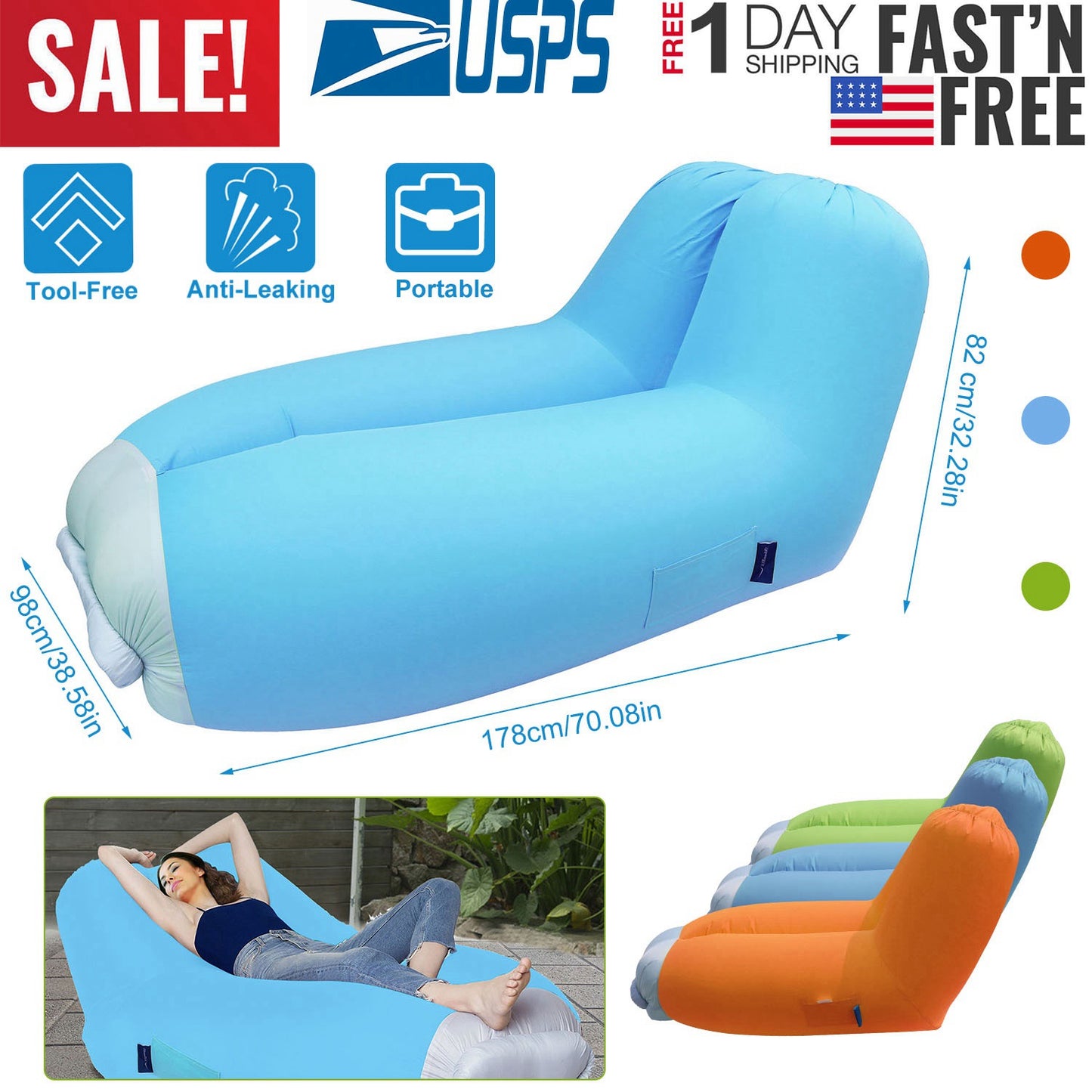 Inflatable Lounger Air Sofa Chair Couch w/ Portable Organizing Bag Waterproof Anti-Leaking for Backyard Lakeside Beach Traveling Camping Picnics