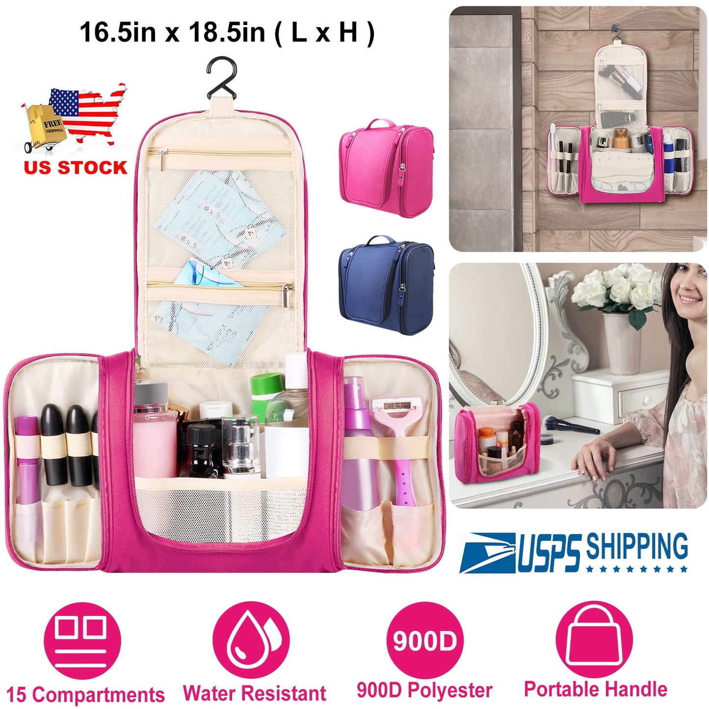 Travel Makeup Bags Portable Cosmetics Organizer Bag w/Hang Hook Handstrap Waterproof Toiletry Wash Bag for Women