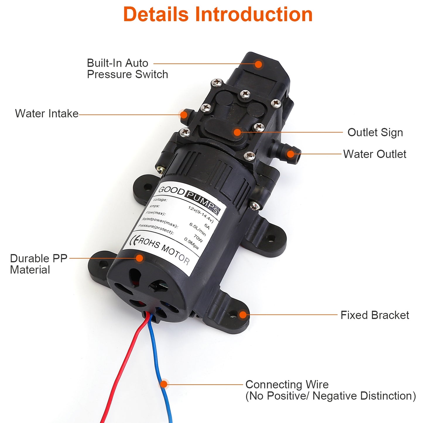12V Water Pump with 2 Hose Clamps 130PSI Self Priming Sprayer Pump 70W Electric Diaphragm Water Pump 6L/Min for RV Camper Marine Boat
